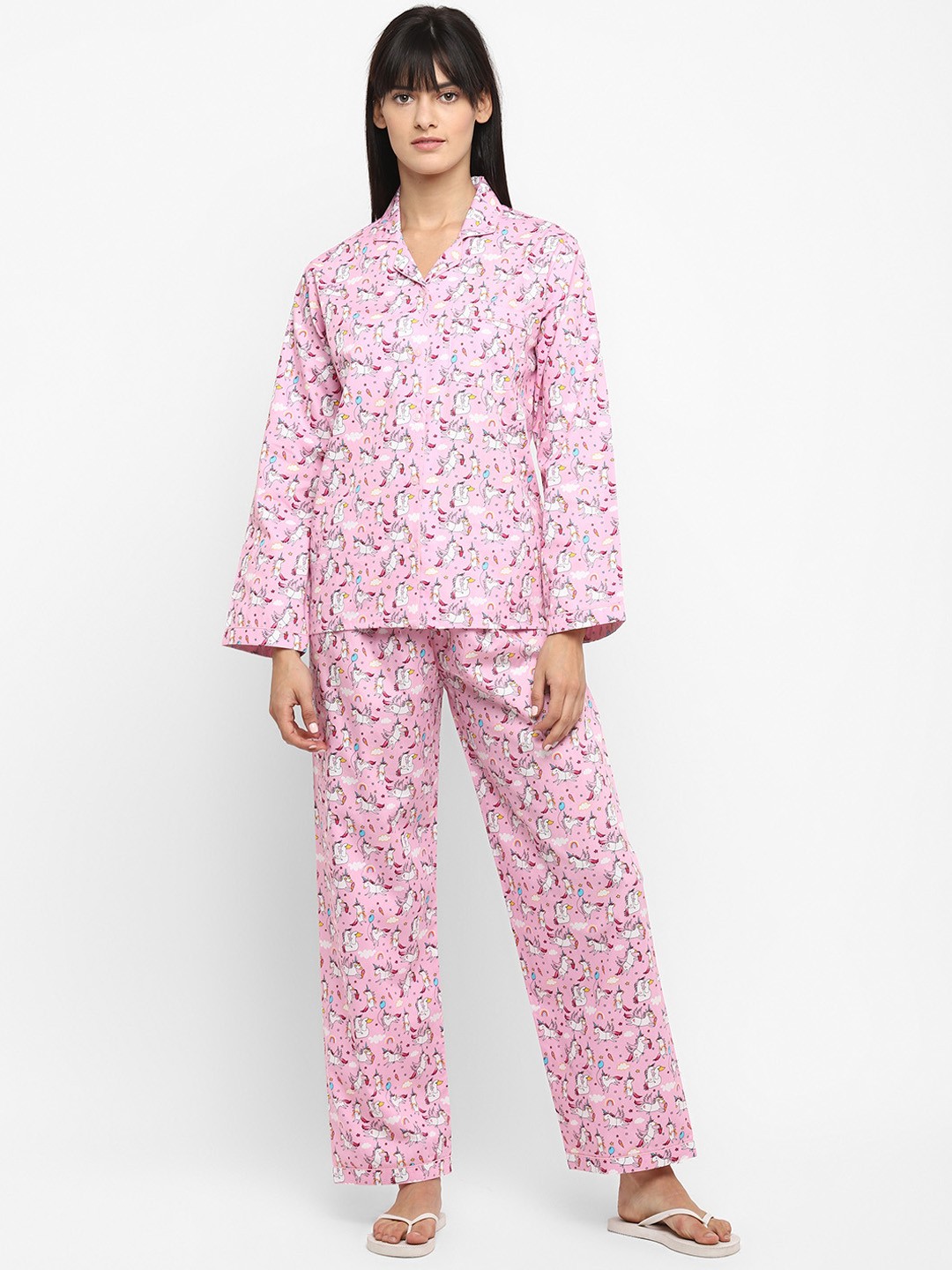 

shopbloom Women Pink & White Printed Cotton Night suit
