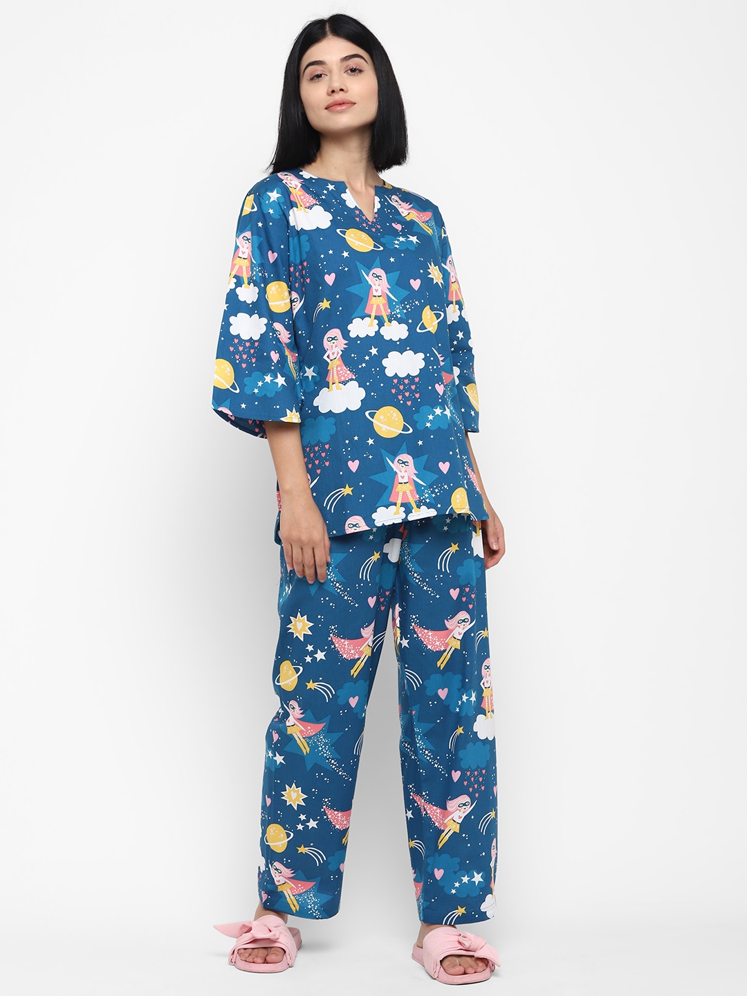 

shopbloom Women Blue Cotton Printed Night suit