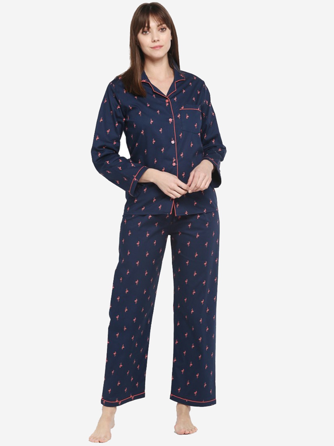 

shopbloom Navy Blue Flamingo Print Pure Cotton Night Suit
