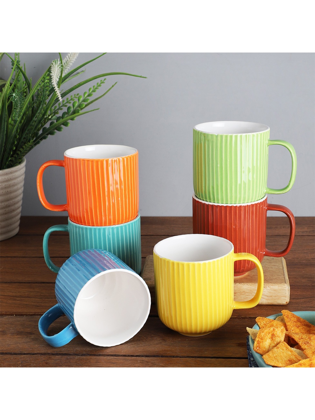 

The Decor Mart Set of 6 Textured Ceramic Glossy Cups, Blue