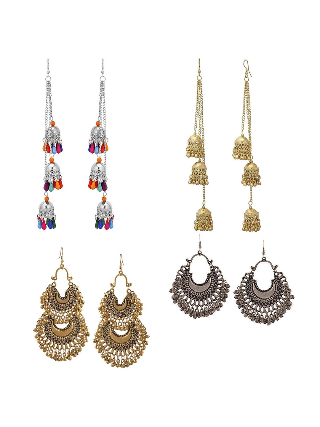 

Vembley Silver-Toned & Gold-Toned Set Of 4 Contemporary Jhumkas Earrings