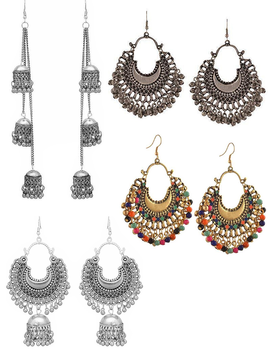 

Vembley Silver-Toned & Gold-Toned Set Of 4 Contemporary Jhumkas Earrings