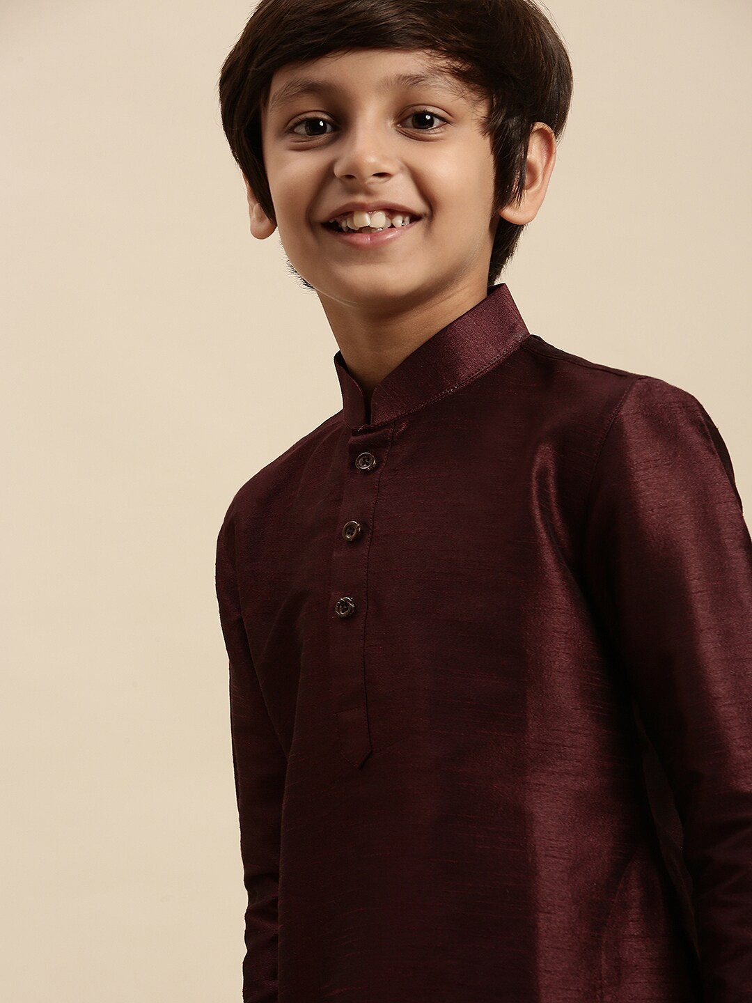 

Sanwara Boys Burgundy & Off White Art Silk Kurta with Pyjamas