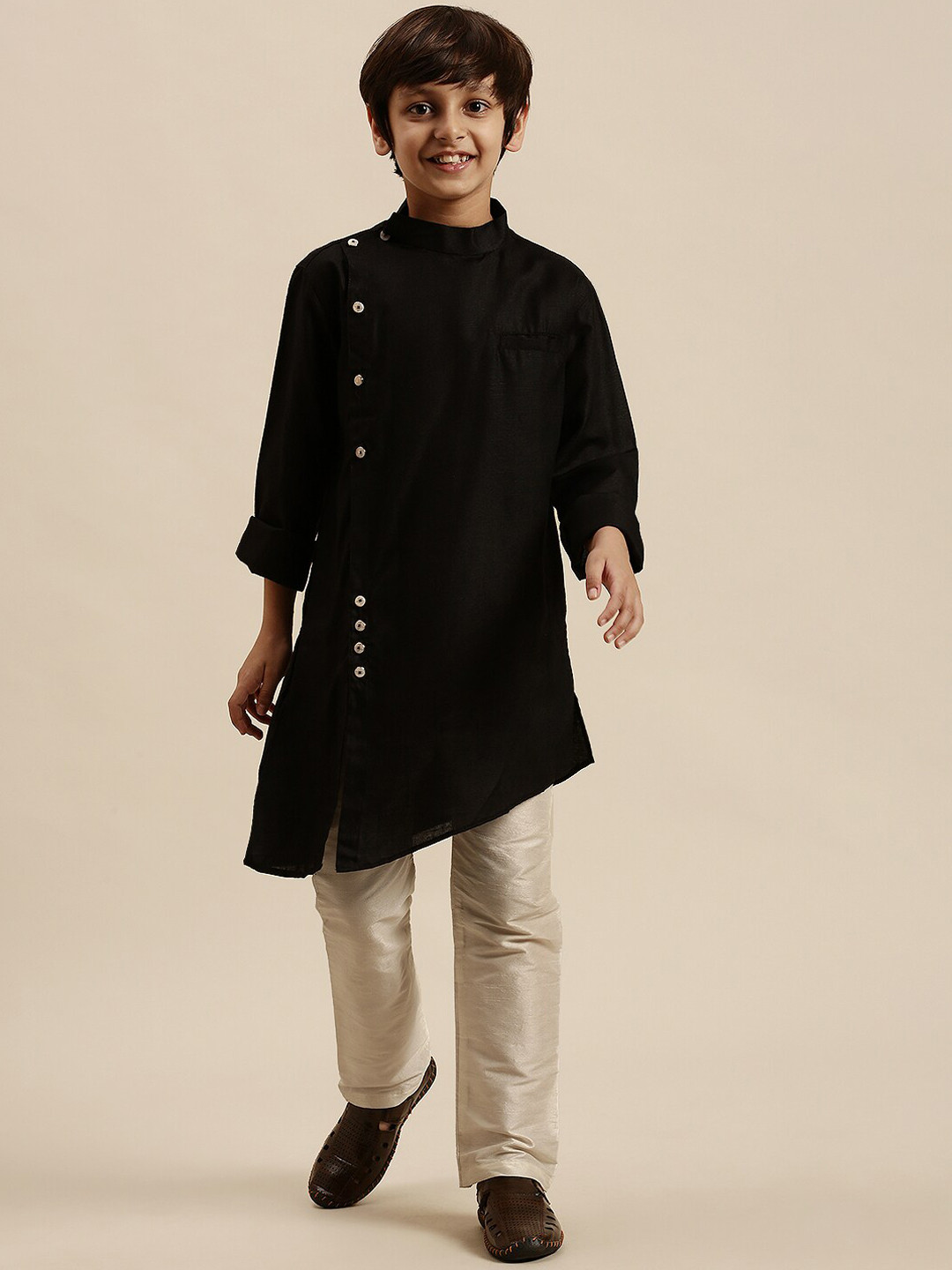 

Sanwara Boys Black & Off White Cotton Silk Angrakha Kurta with Pyjamas