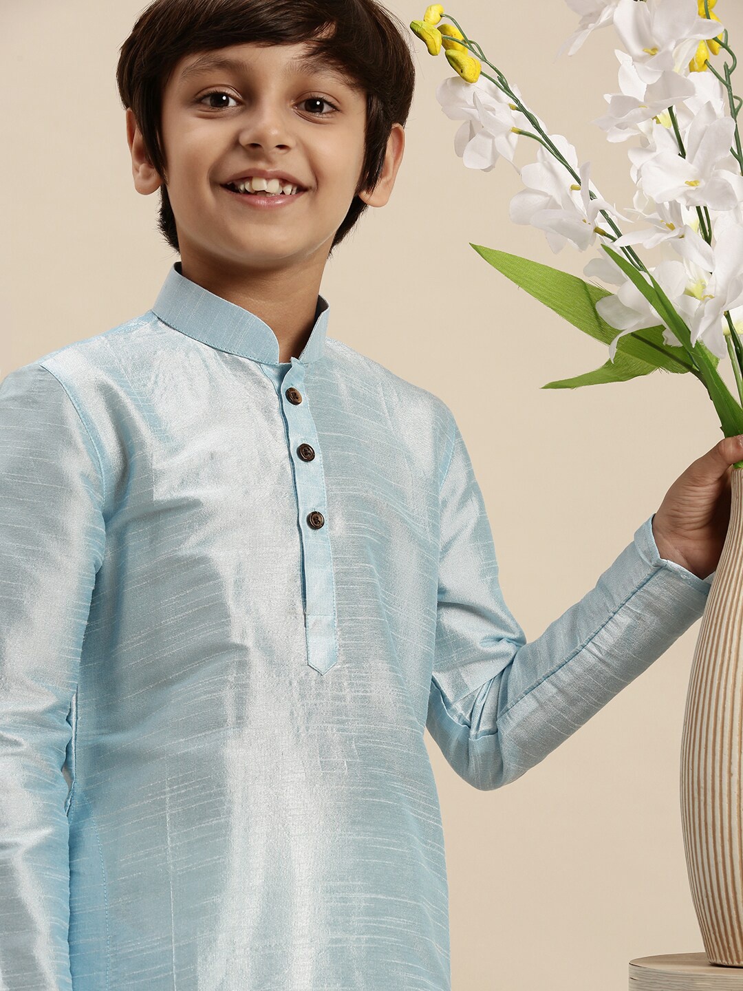 

Sanwara Boys Blue & Off White Art Silk Kurta with Pyjamas