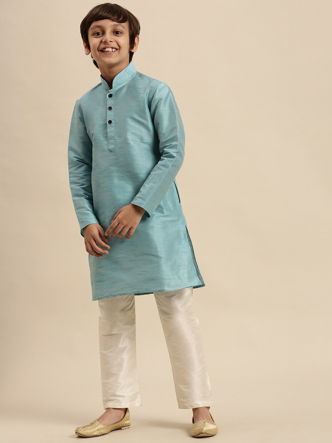 

Sanwara Boys Blue & Off White Art Silk Kurta with Pyjamas