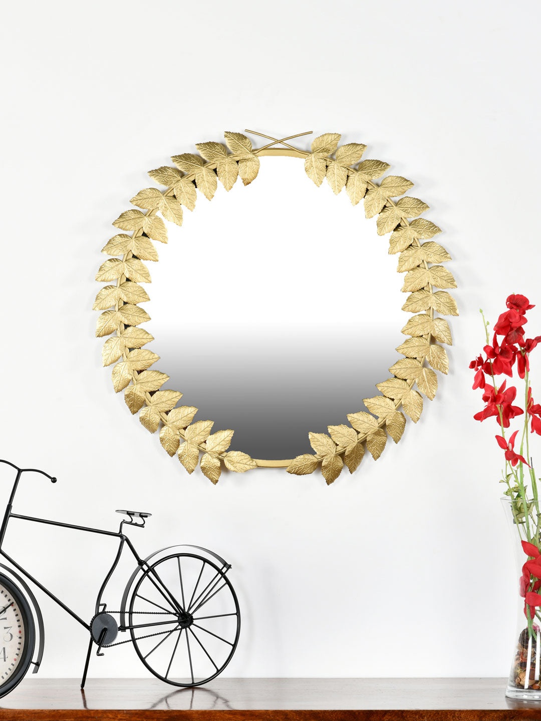 

Athome by Nilkamal Golden Leafy Round Mirror, Gold