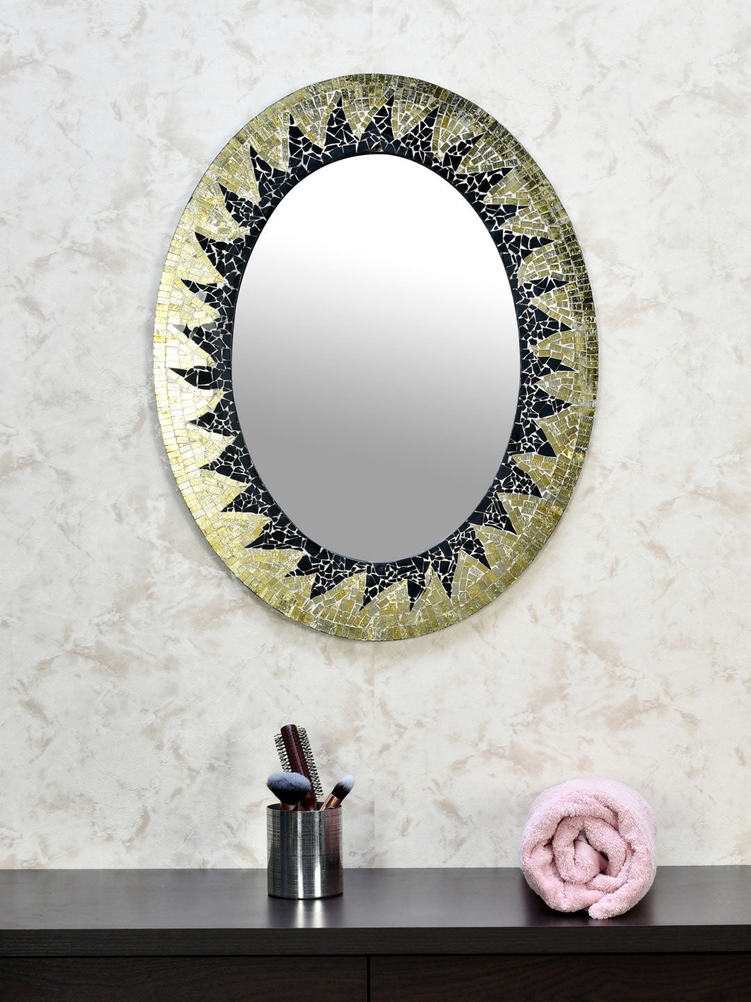 

Athome by Nilkamal Gold-Toned & Black Abstract Oval Mirror