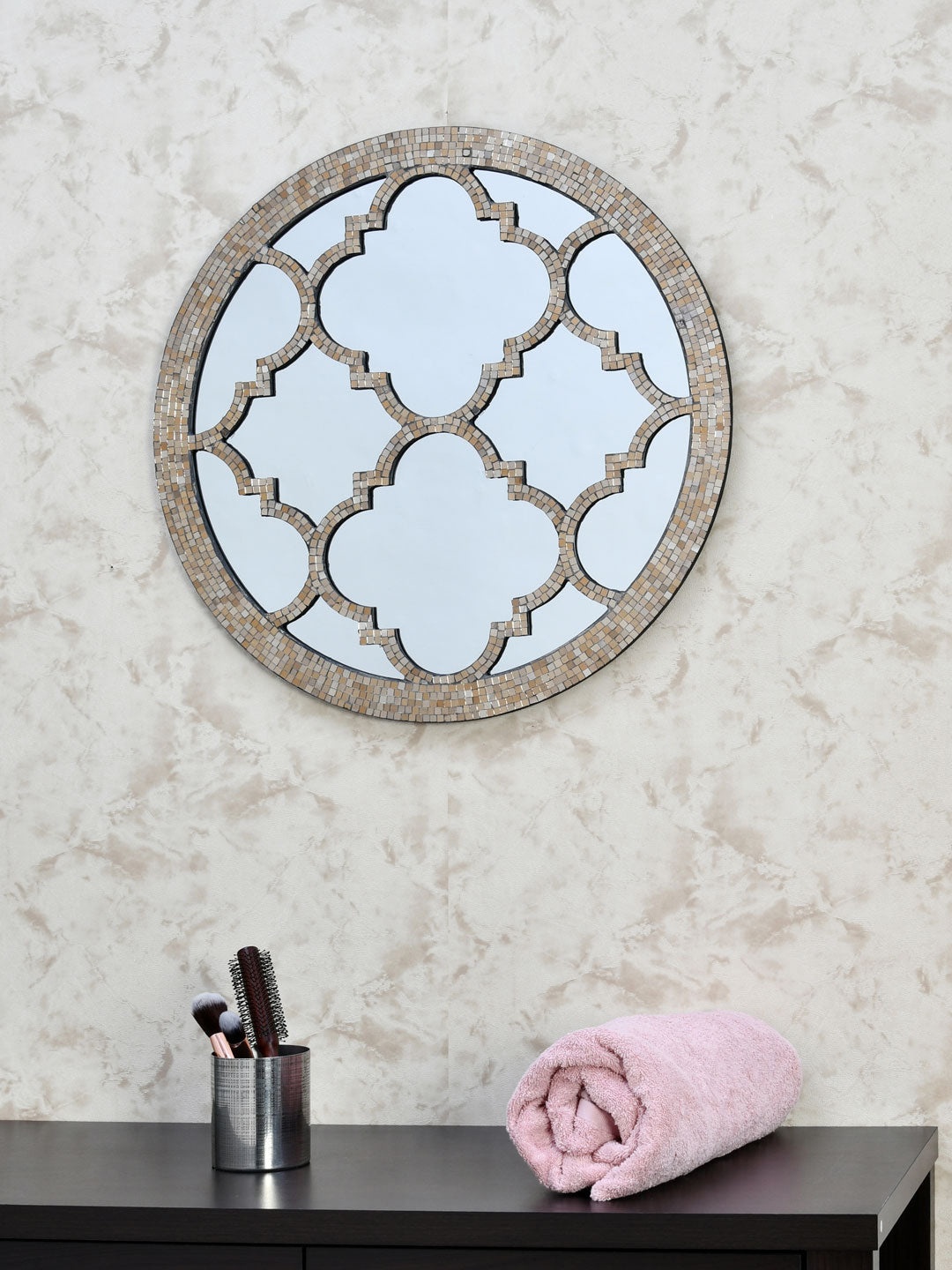 

Athome by Nilkamal Mustard Yellow & Gold-Toned Mughal Jali Wall Mirror
