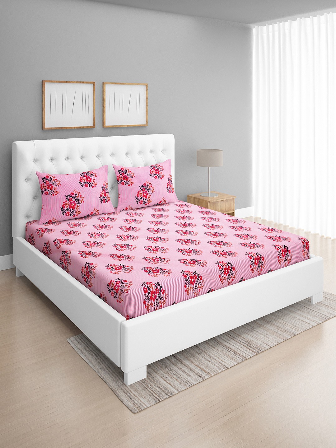 

ROMEE Pink Floral 144 TC Microfiber Queen Bedsheet with 2 Pillow Covers