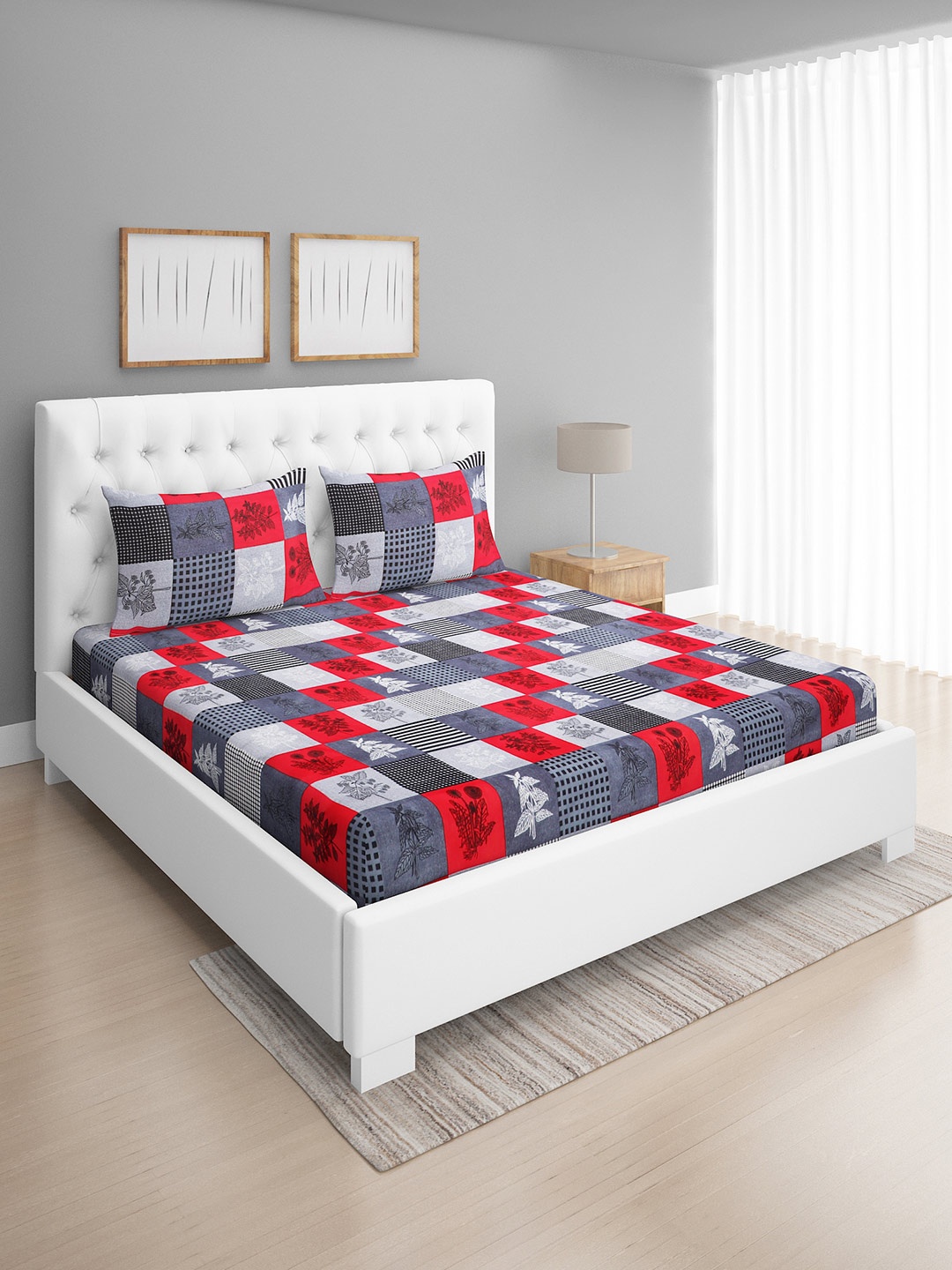 

ROMEE Red & Grey Floral 144 TC Microfiber Queen Bedsheet with 2 Pillow Covers