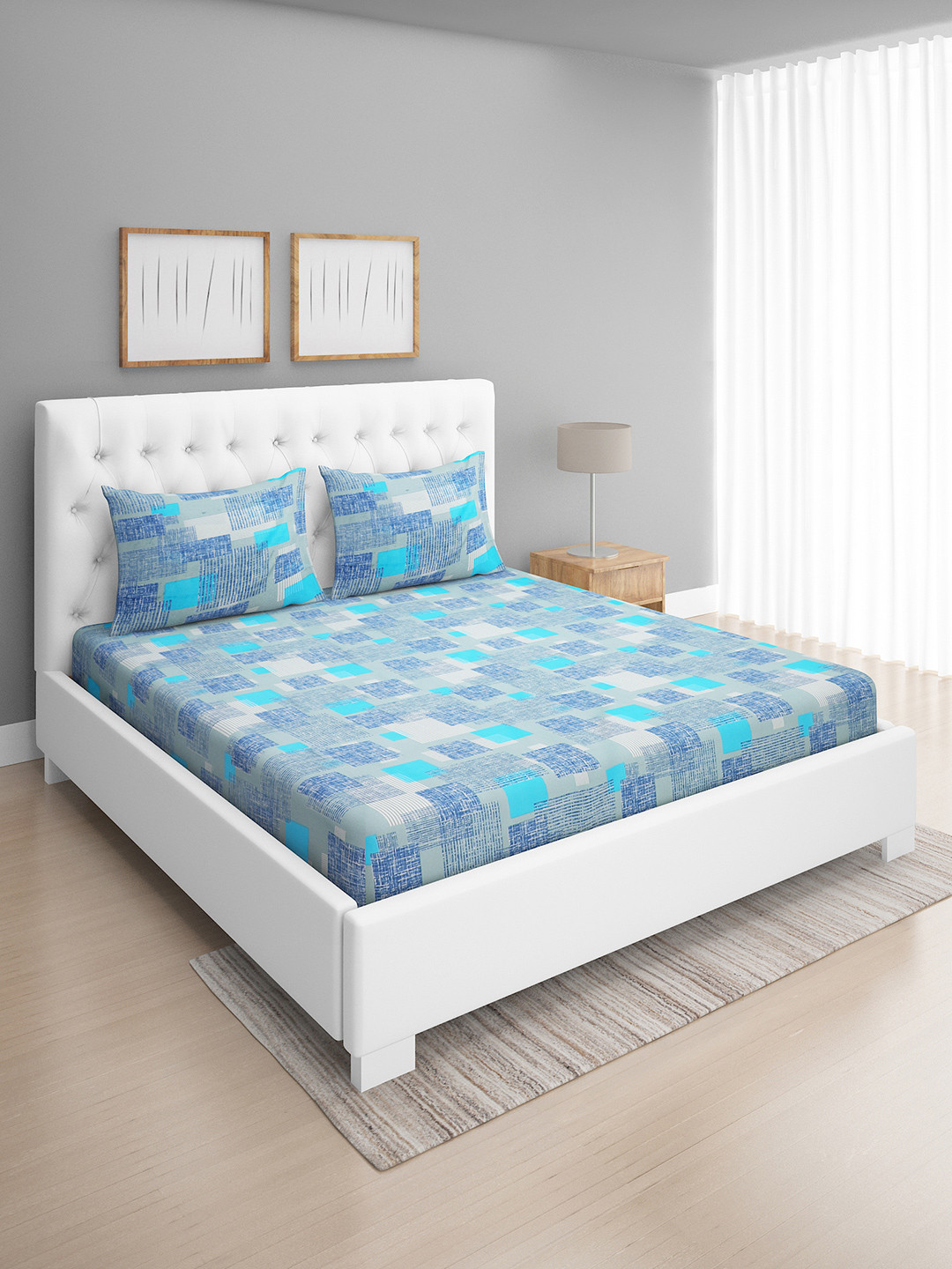 

ROMEE Blue Geometric 144 TC Microfiber Queen Bedsheet with 2 Pillow Covers