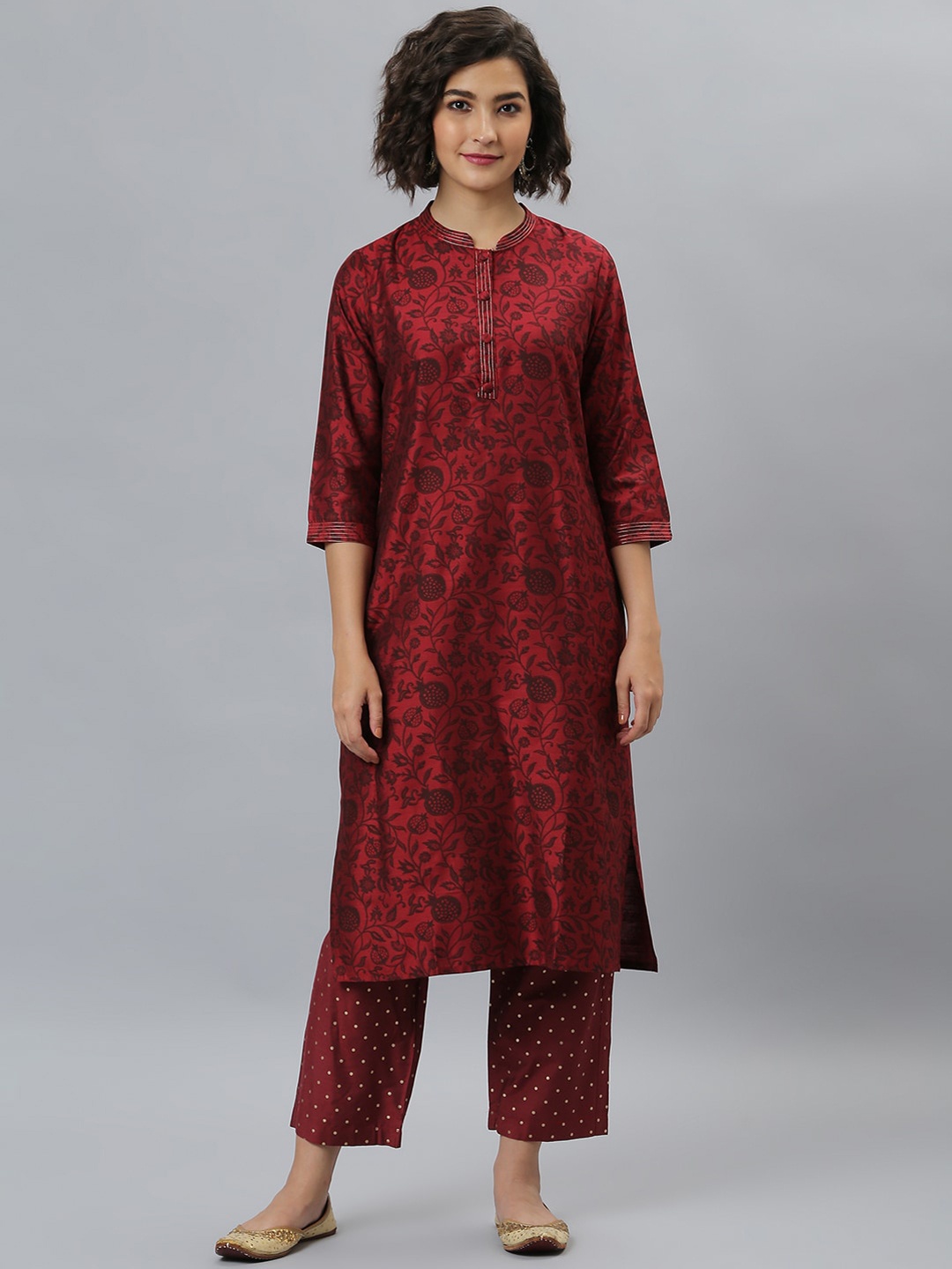 

Janasya Women Maroon Poly Silk Embroidered Kurta with Pant