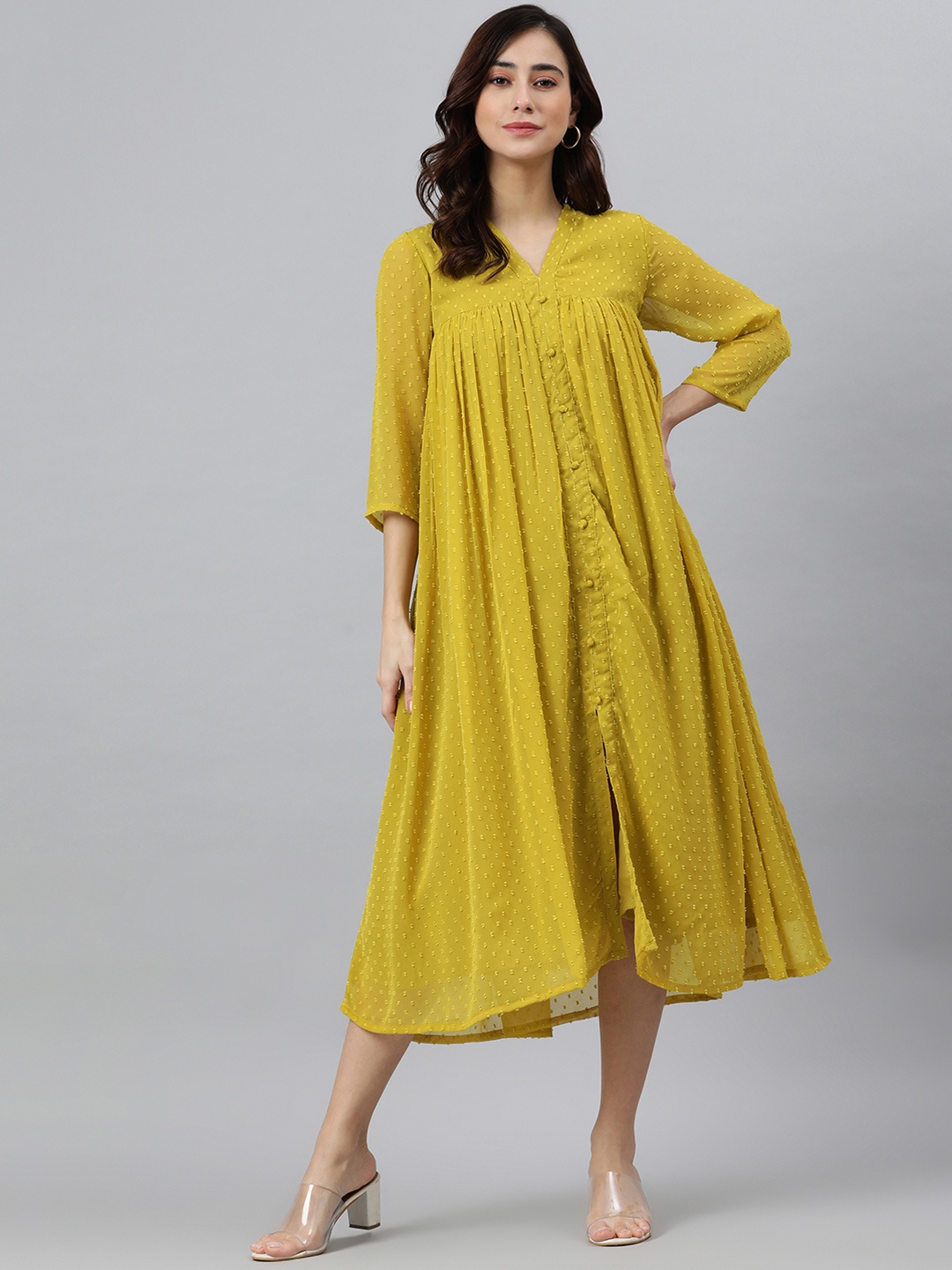

Janasya Women Mustard Yellow Poly Chiffon Self Design Front Slit Dress