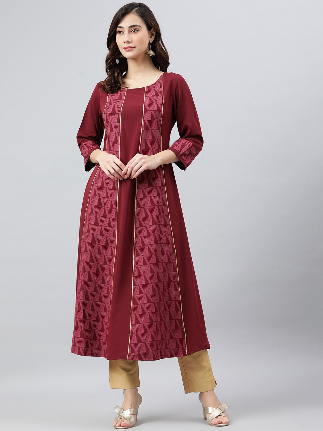 

Janasya Women Burgundy Poly Crepe Geometric Print A-line Kurta