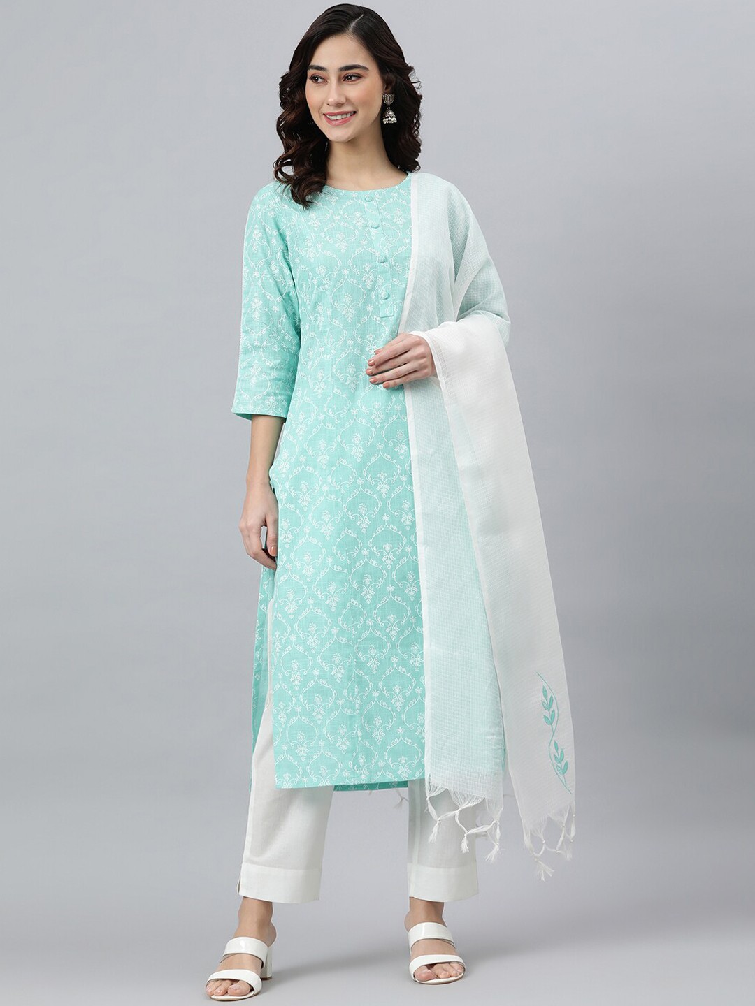 

Janasya Women Sea Green Cotton Floral Print Kurta with Pant and Dupatta