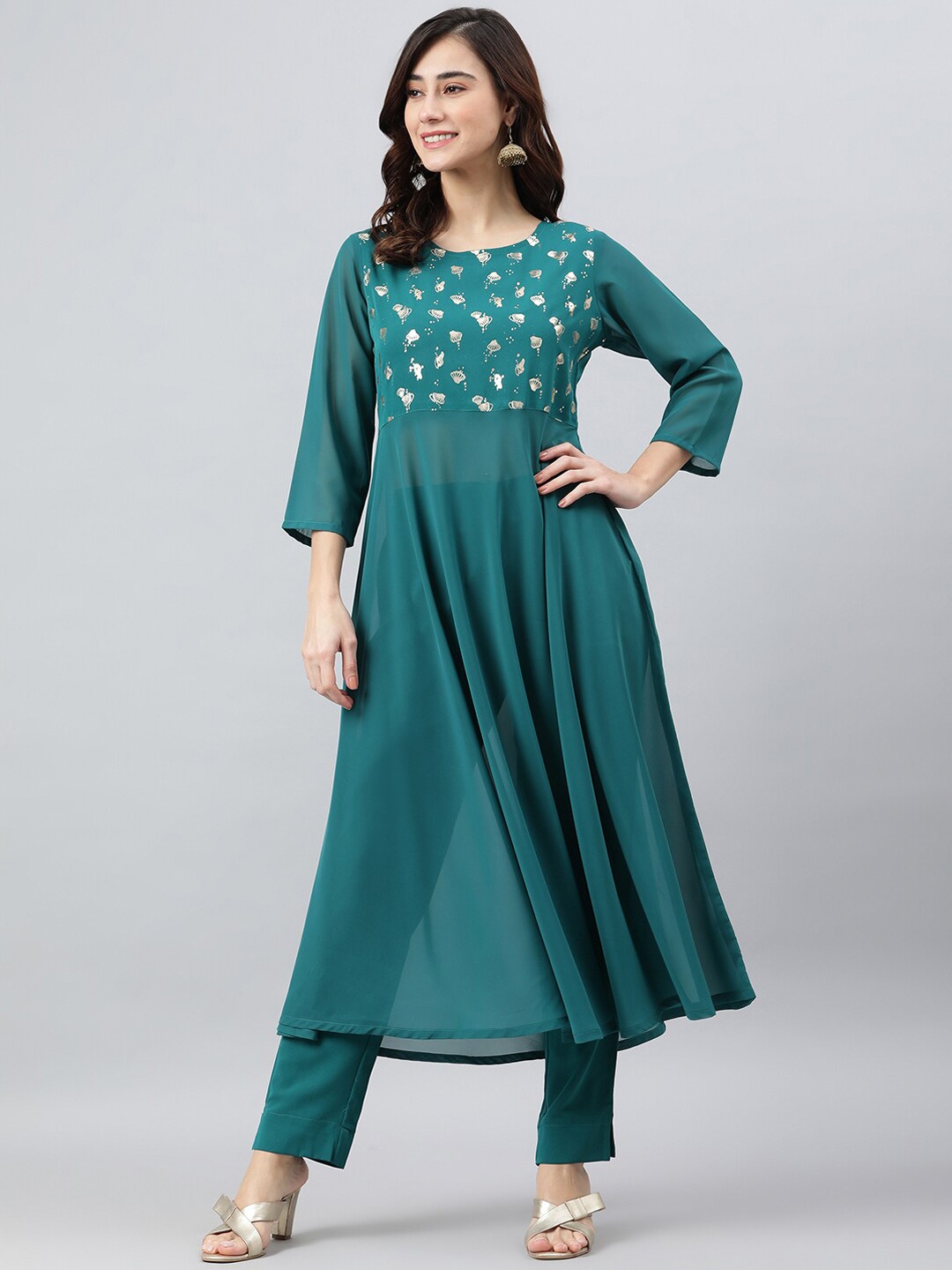 

Janasya Women Teal Green Poly Crepe Foil Print Kurta with Pant