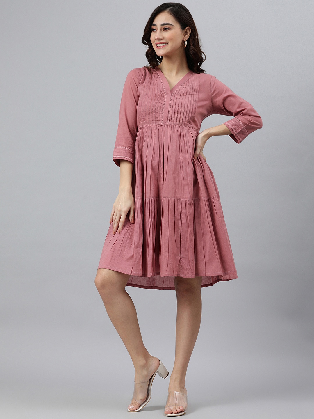 

Janasya pintuck Cotton Solid Flared Dress, Coral