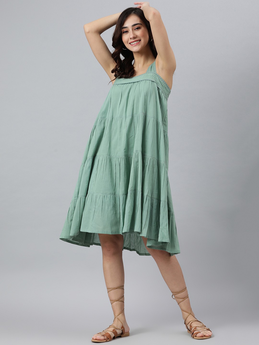 

Janasya Women Green Cotton Solid Flared Dress