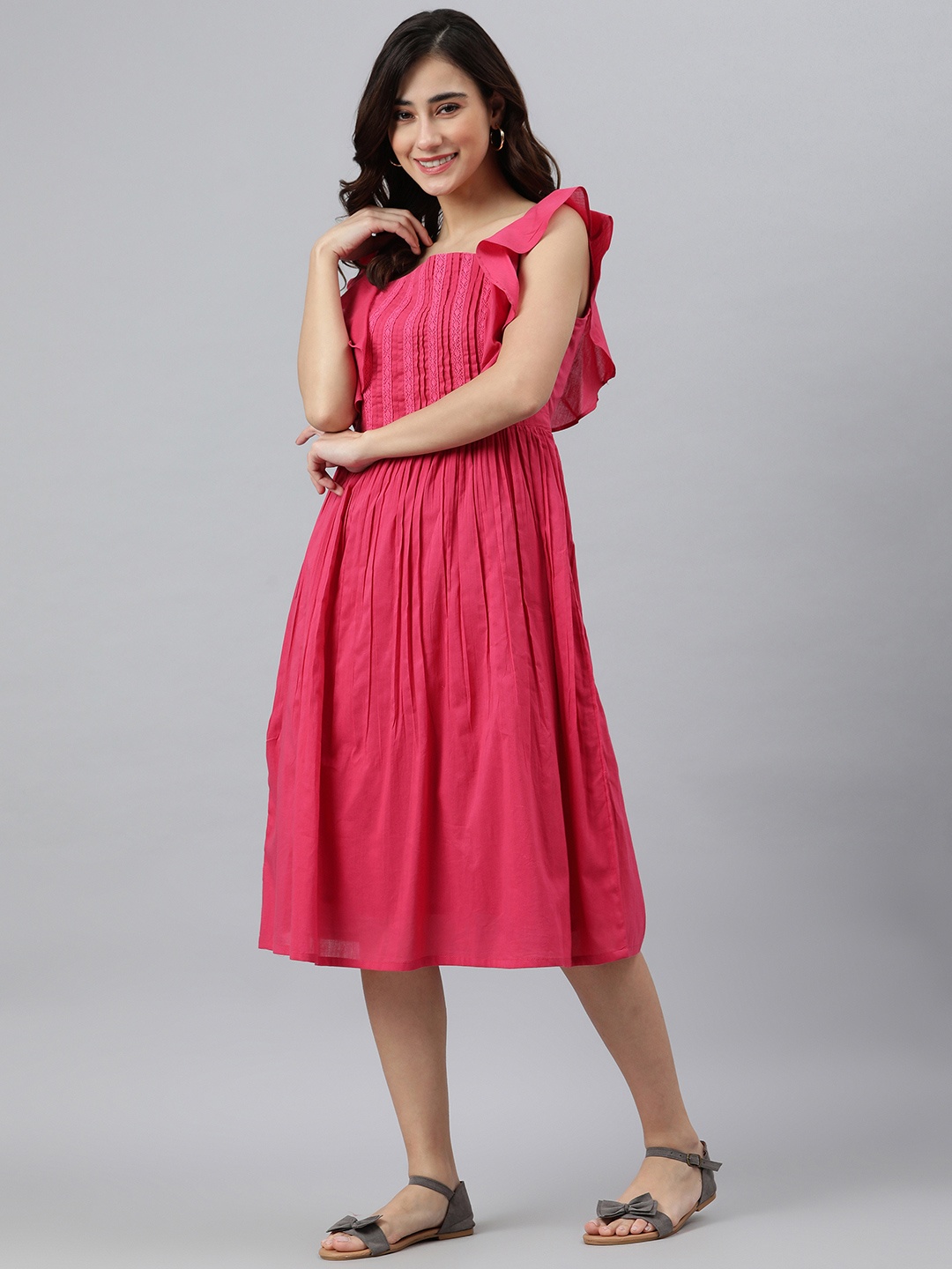 

Janasya Women Pink Cotton Solid Flared Dress