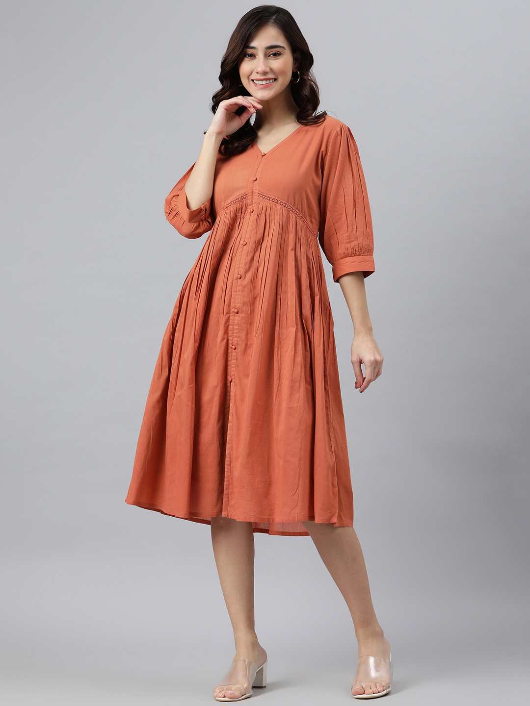 

Janasya Women's Coral Orange Pure Cotton Solid Flared Dress