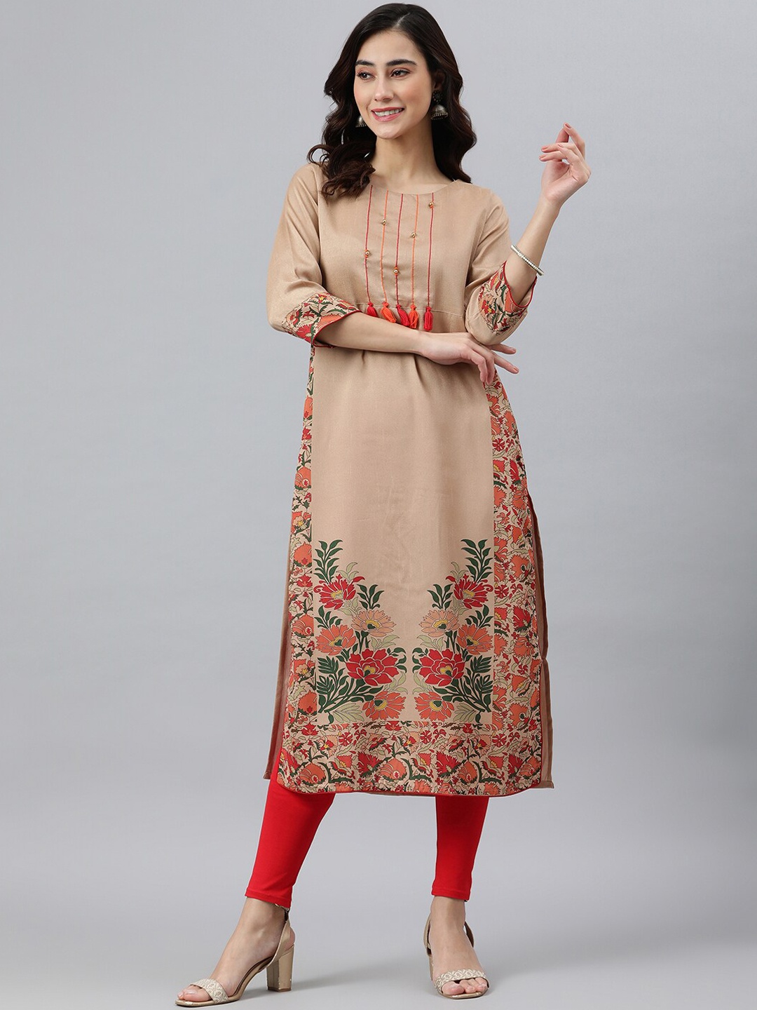 

Janasya Women Brown Poly Silk Floral Print Straight Kurta, Beige