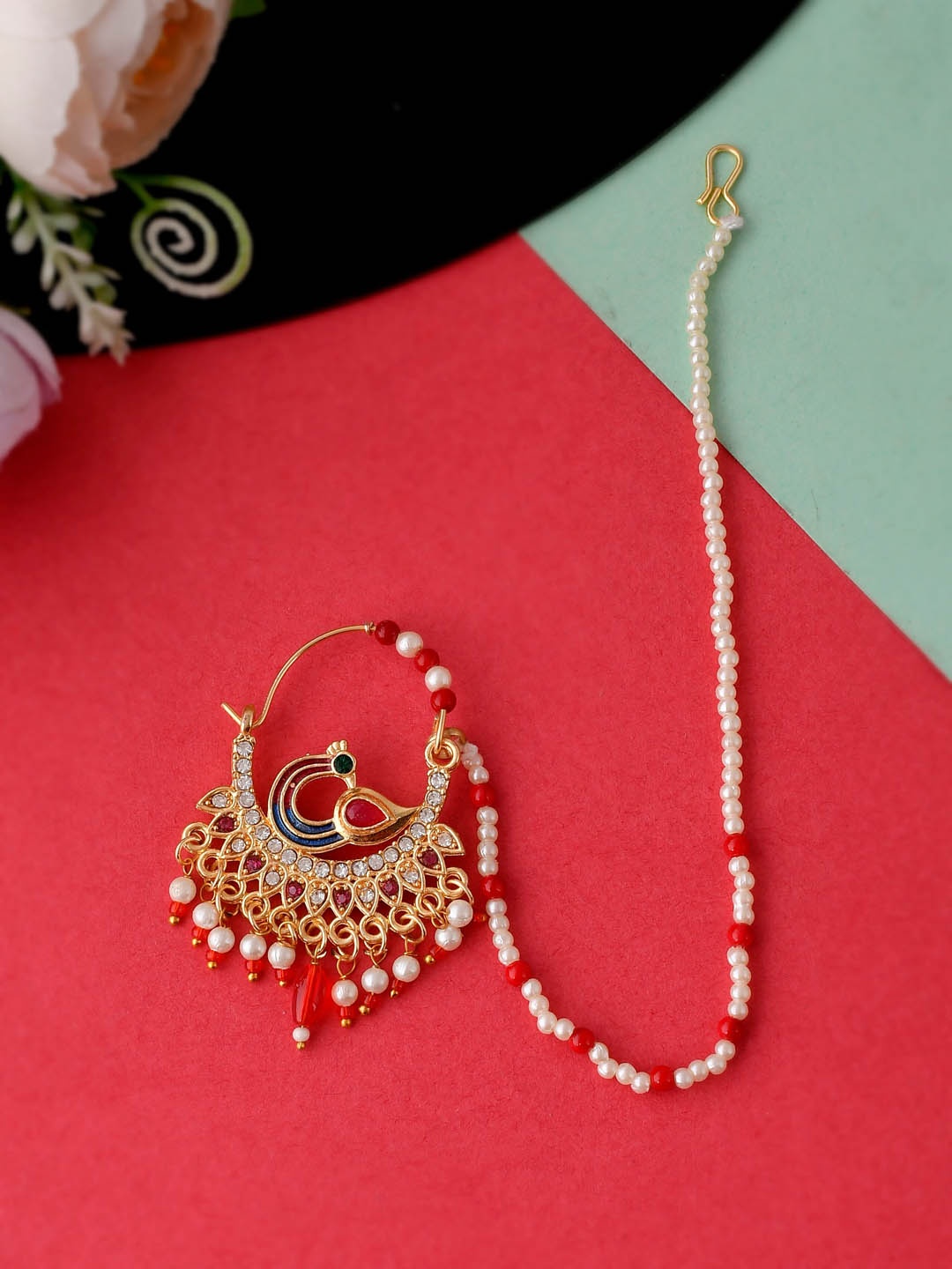 

Silvermerc Designs Gold-Plated Pearl-Studded Chained Nose Ring