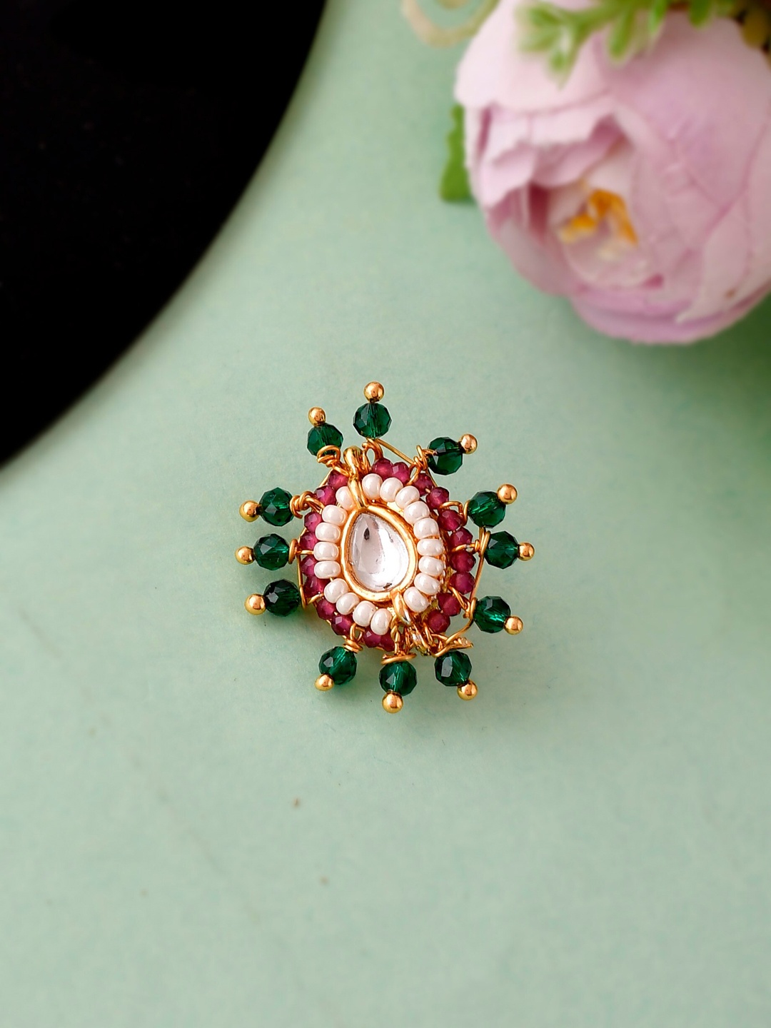 

Silvermerc Designs Gold-Plated Green & White Kundan Stone-Studded Nosepin