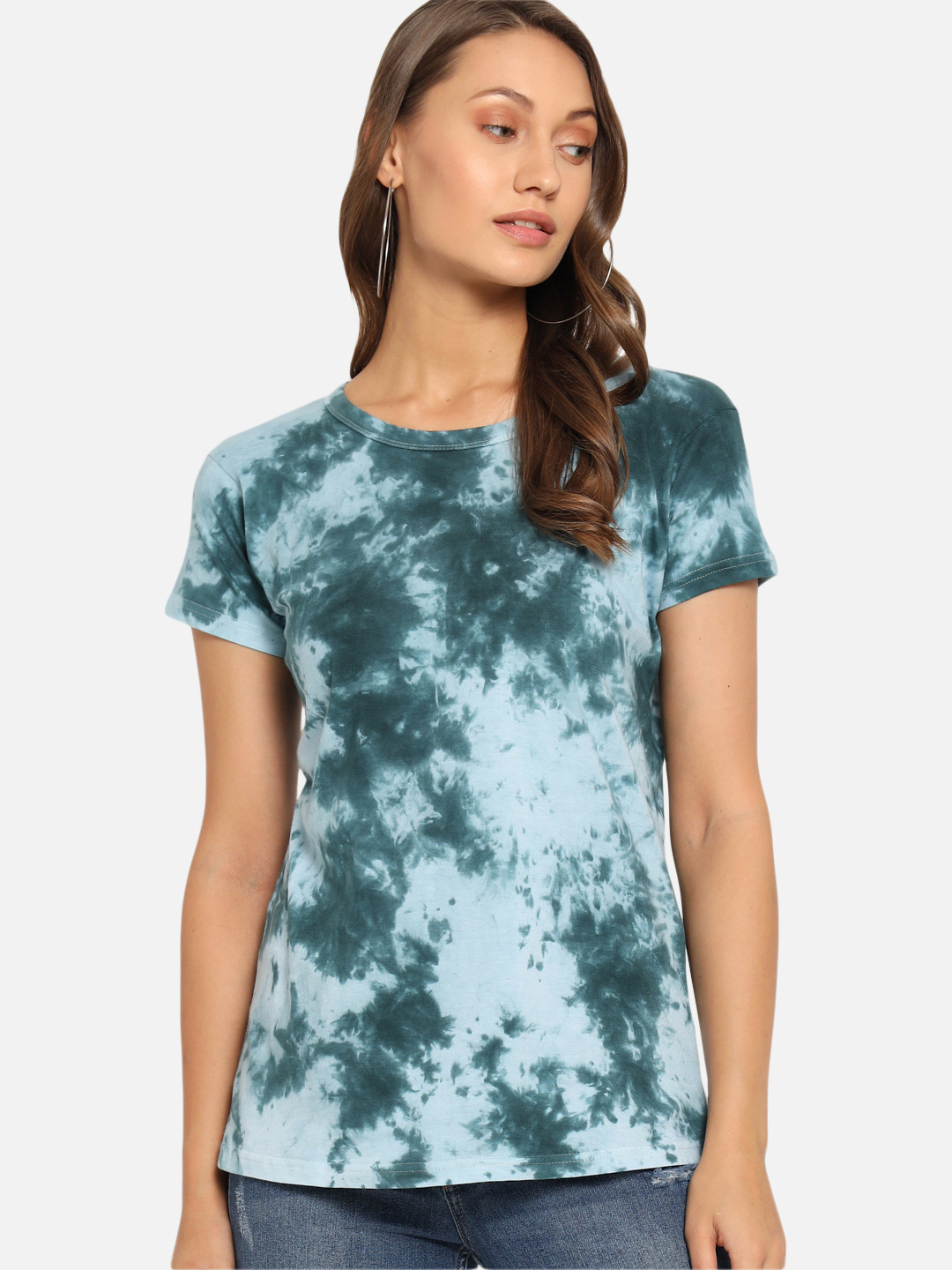 

FurryFlair Women Green Tie and Dye Cotton T-shirt