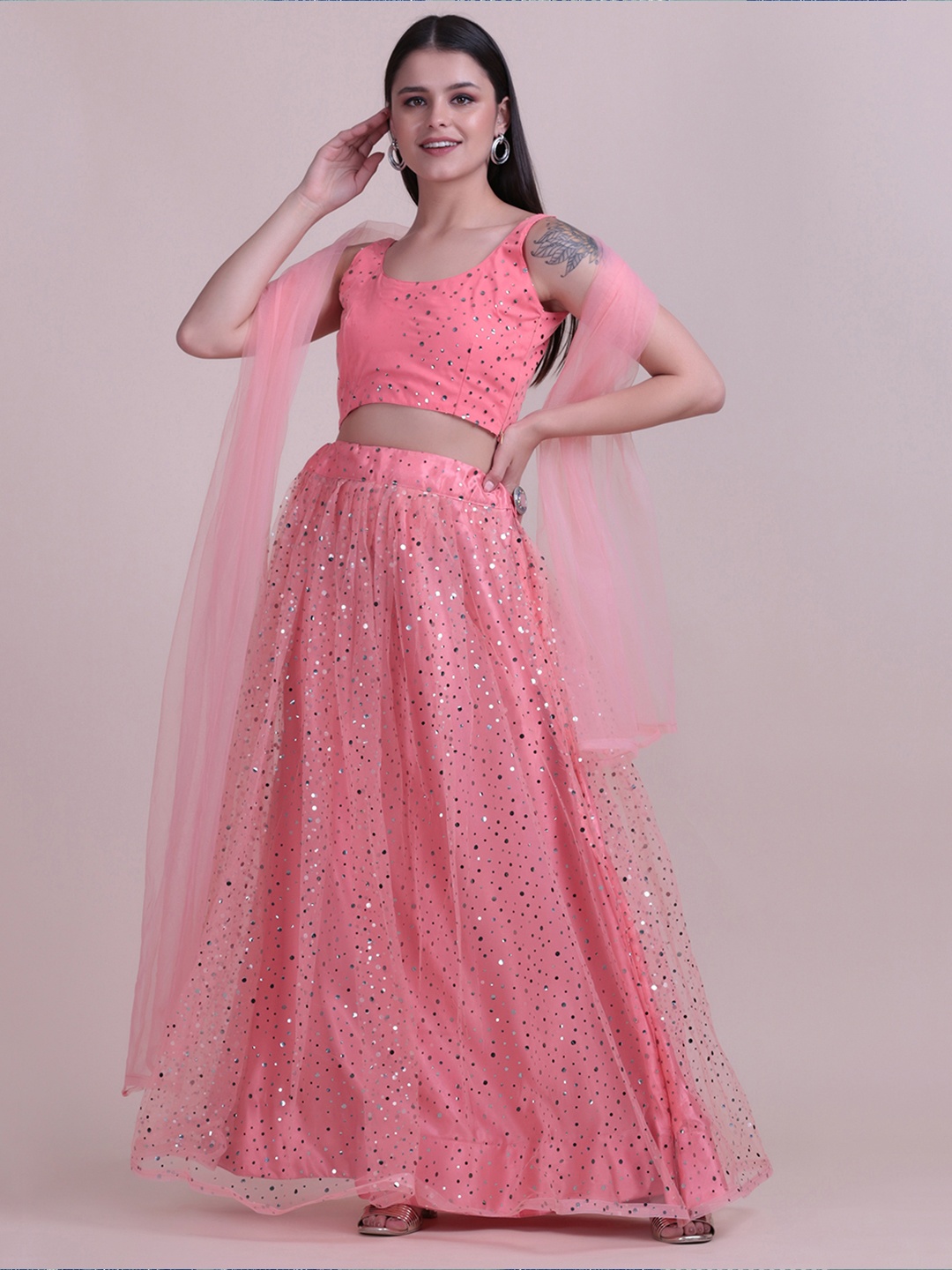 

Atsevam Women Peach & Silver-Toned Embellished Semi-Stitched Lehenga with Blouse & Dupatta