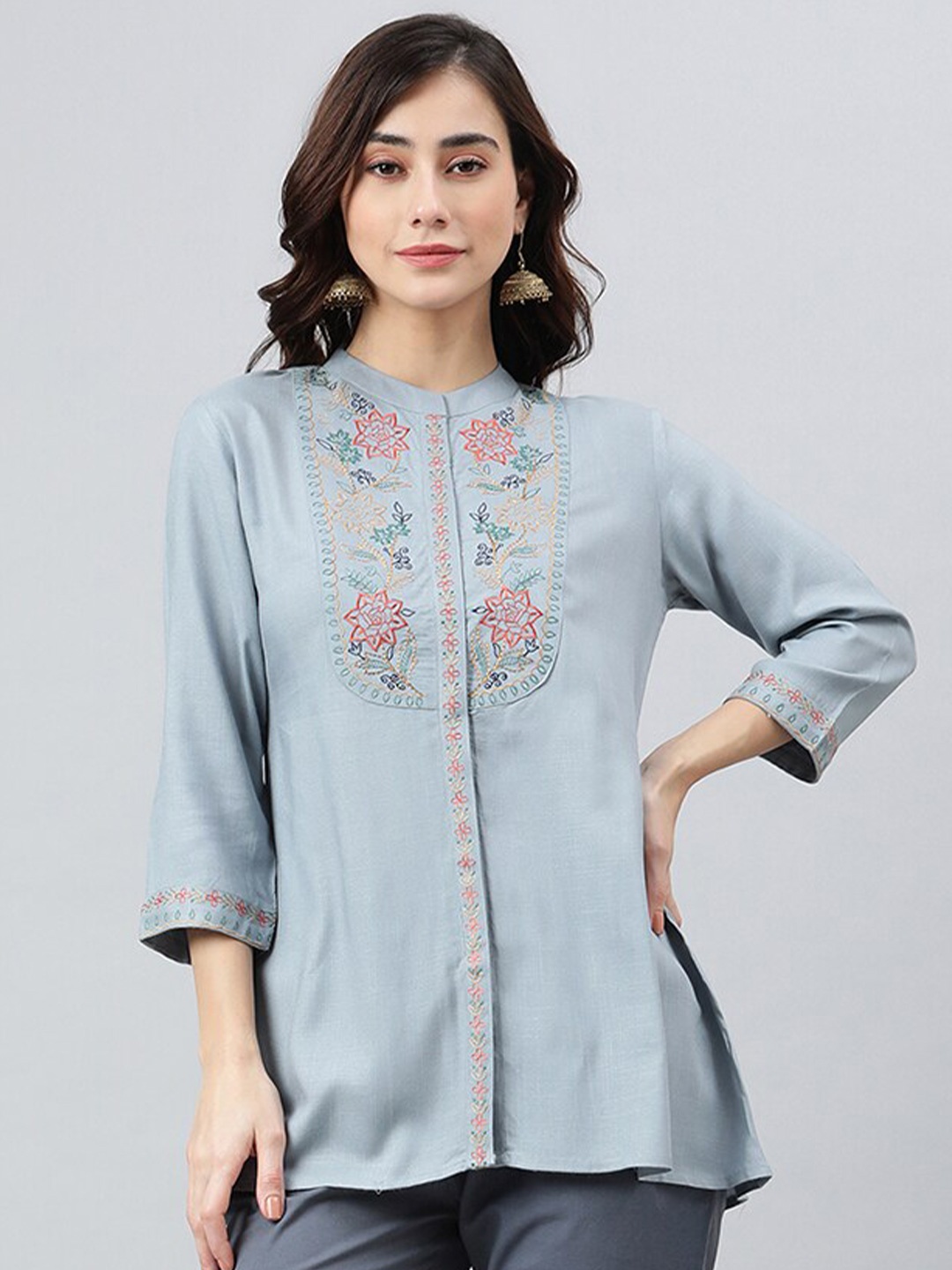 

Janasya Women Blue Rayon Slub Embroidered A-Line Top