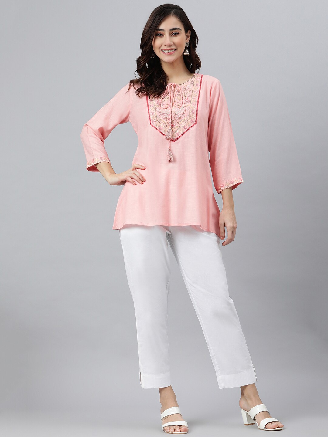 

Janasya Women Light Pink Rayon Slub Embroidered A-Line Top