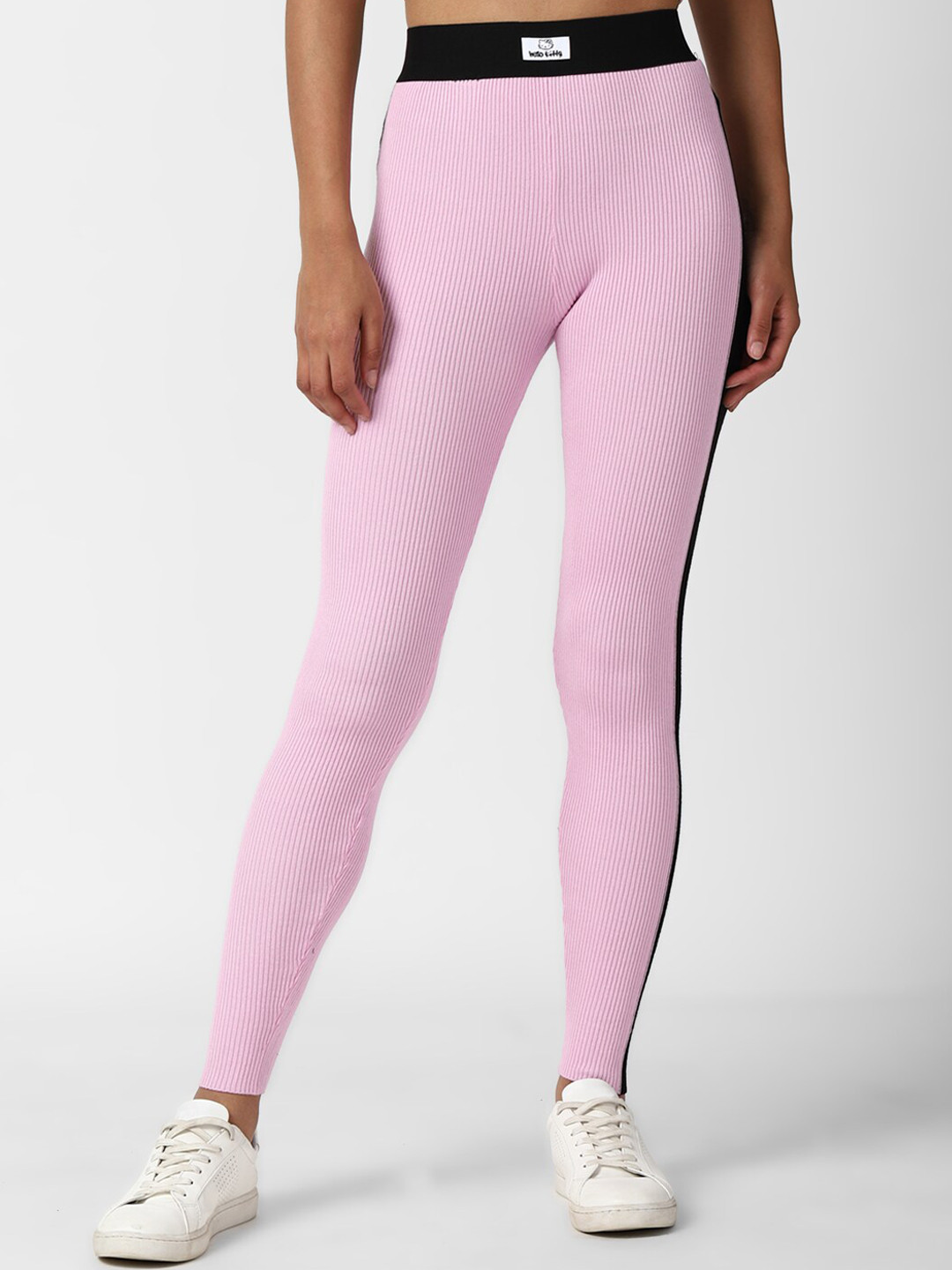 

FOREVER 21 Women Pink & Black Striped Ankle-Length Leggings