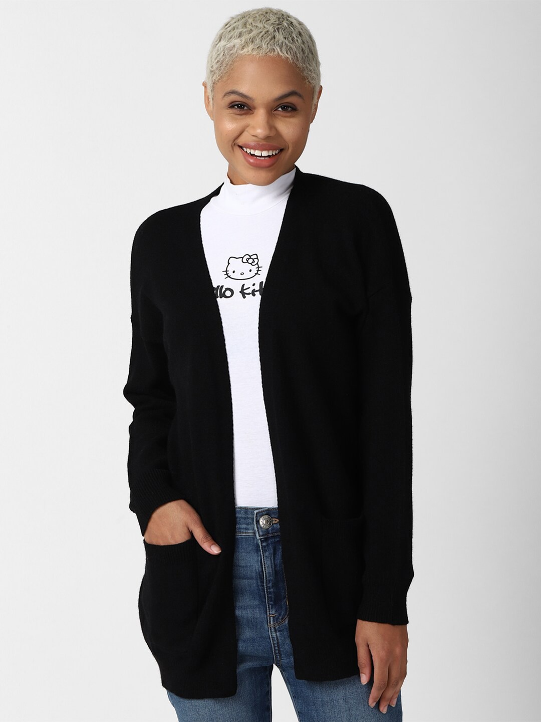 

FOREVER 21 Women Black Front Open Sweater