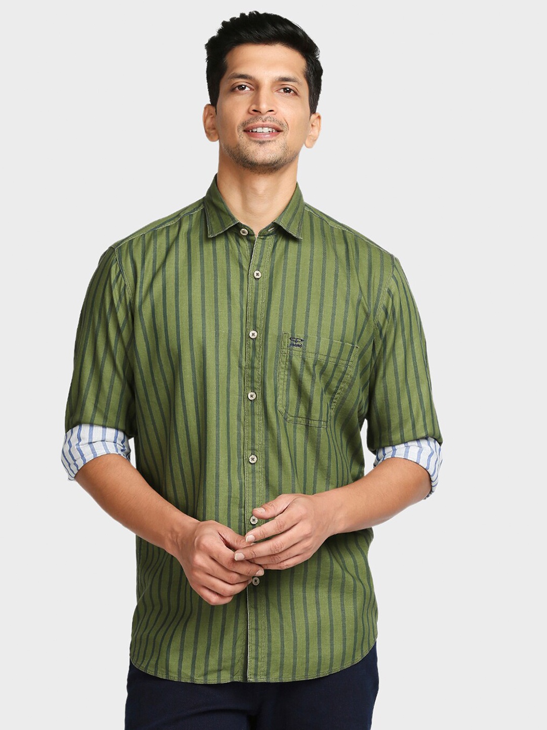 

ColorPlus Men Green Tailored Fit Striped Casual Cotton Shirt