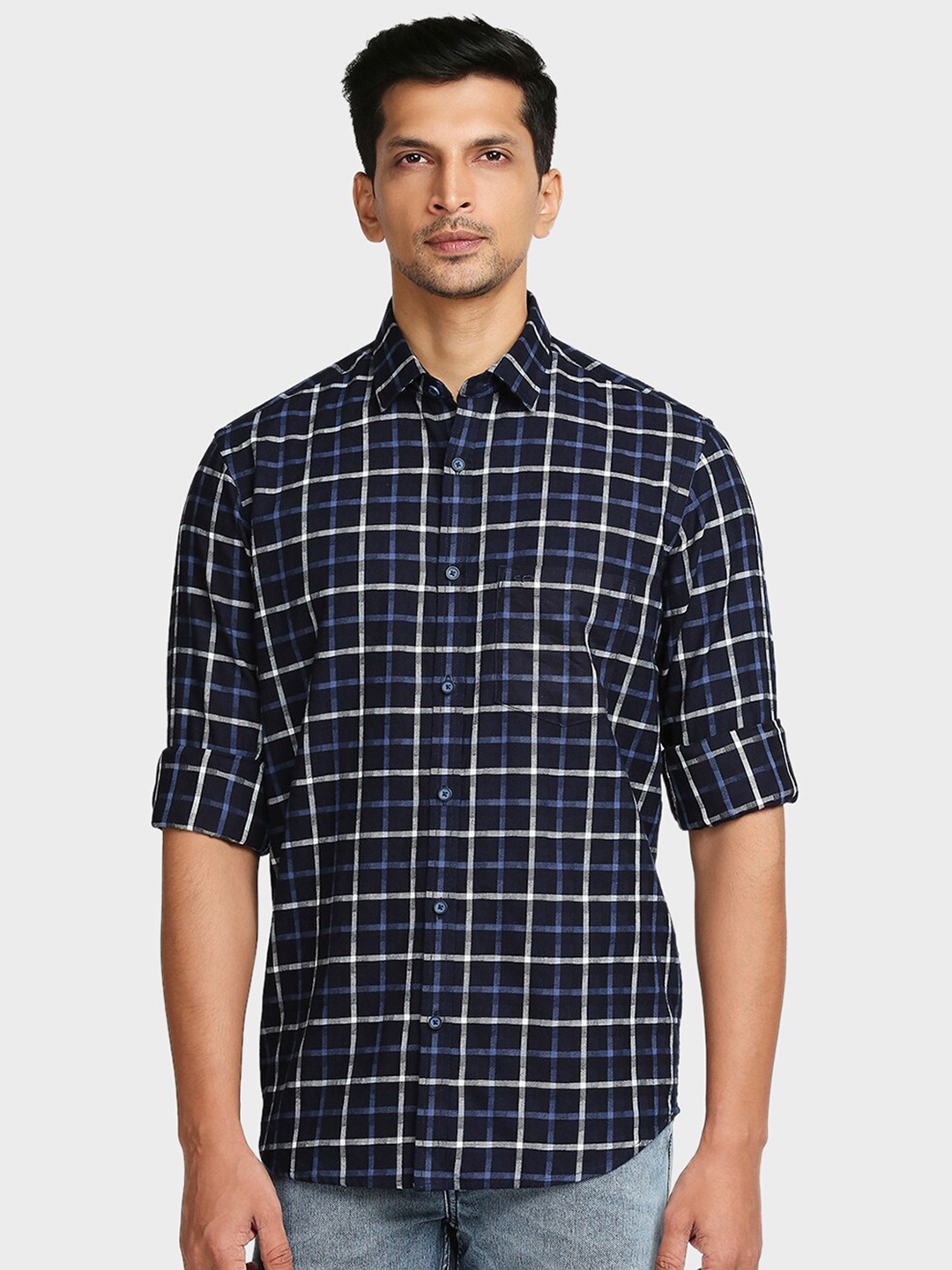 

ColorPlus Men Blue Tailored Fit Checked Casual Cotton Shirt