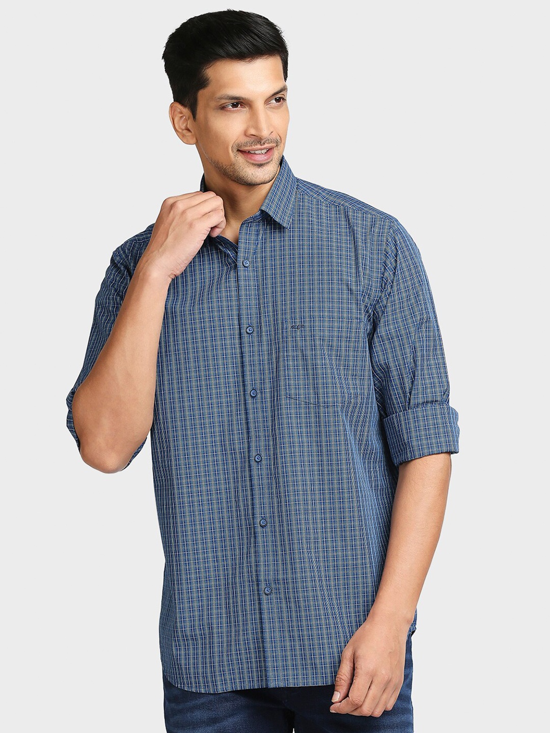 

ColorPlus Men Blue Tailored Fit Checked Casual Cotton Shirt