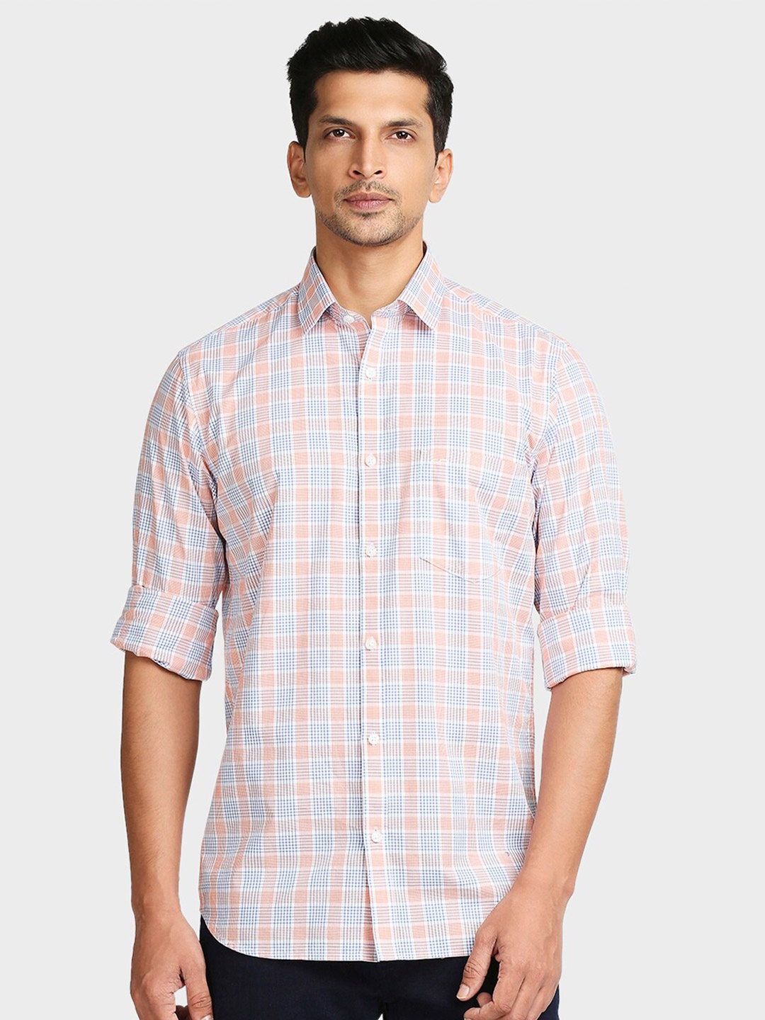 

ColorPlus Men Orange Tailored Fit Checked Casual Shirt