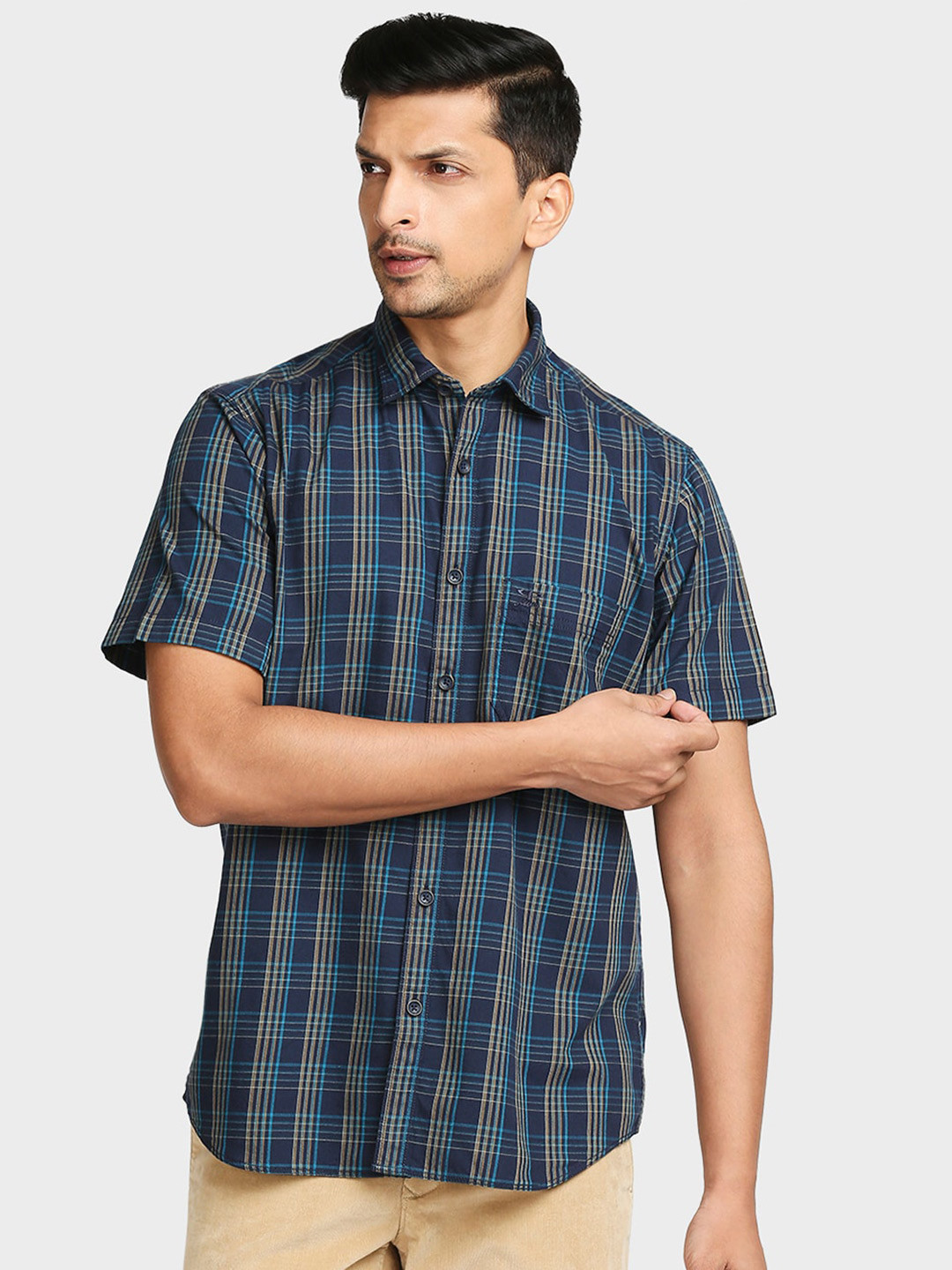 

ColorPlus Men Blue Tailored Fit Checked Casual Cotton Shirt