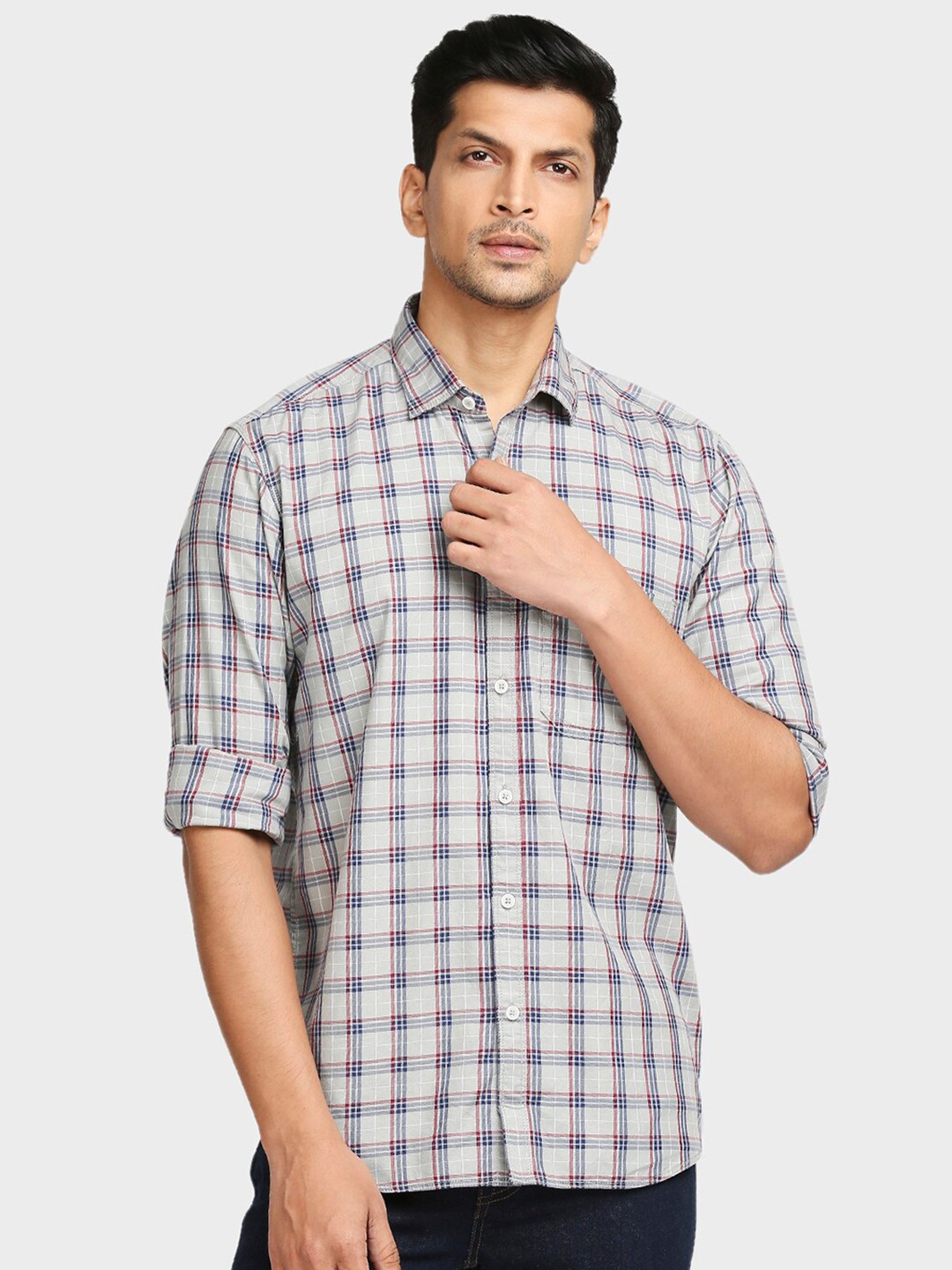 

ColorPlus Men Grey Tailored Fit Checked Cotton Casual Shirt