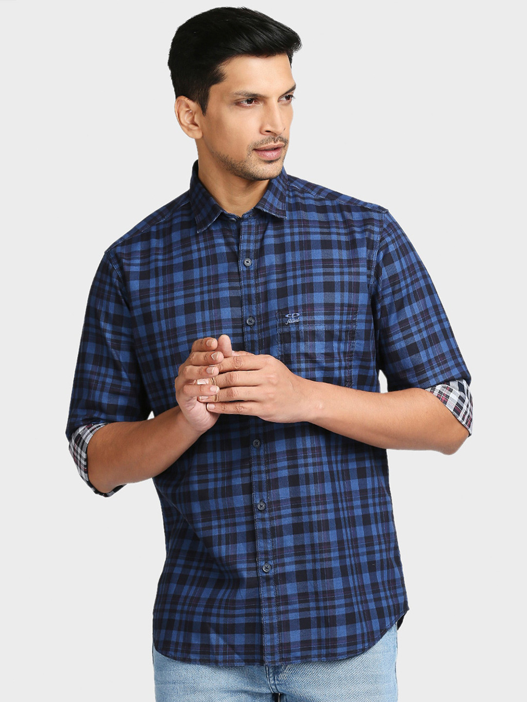 

ColorPlus Men Blue & Black Tailored Fit Checked Cotton Casual Shirt