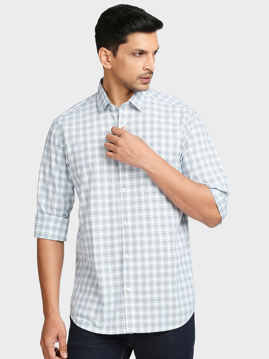 

ColorPlus Men Blue Tailored Fit Checked Cotton Casual Shirt