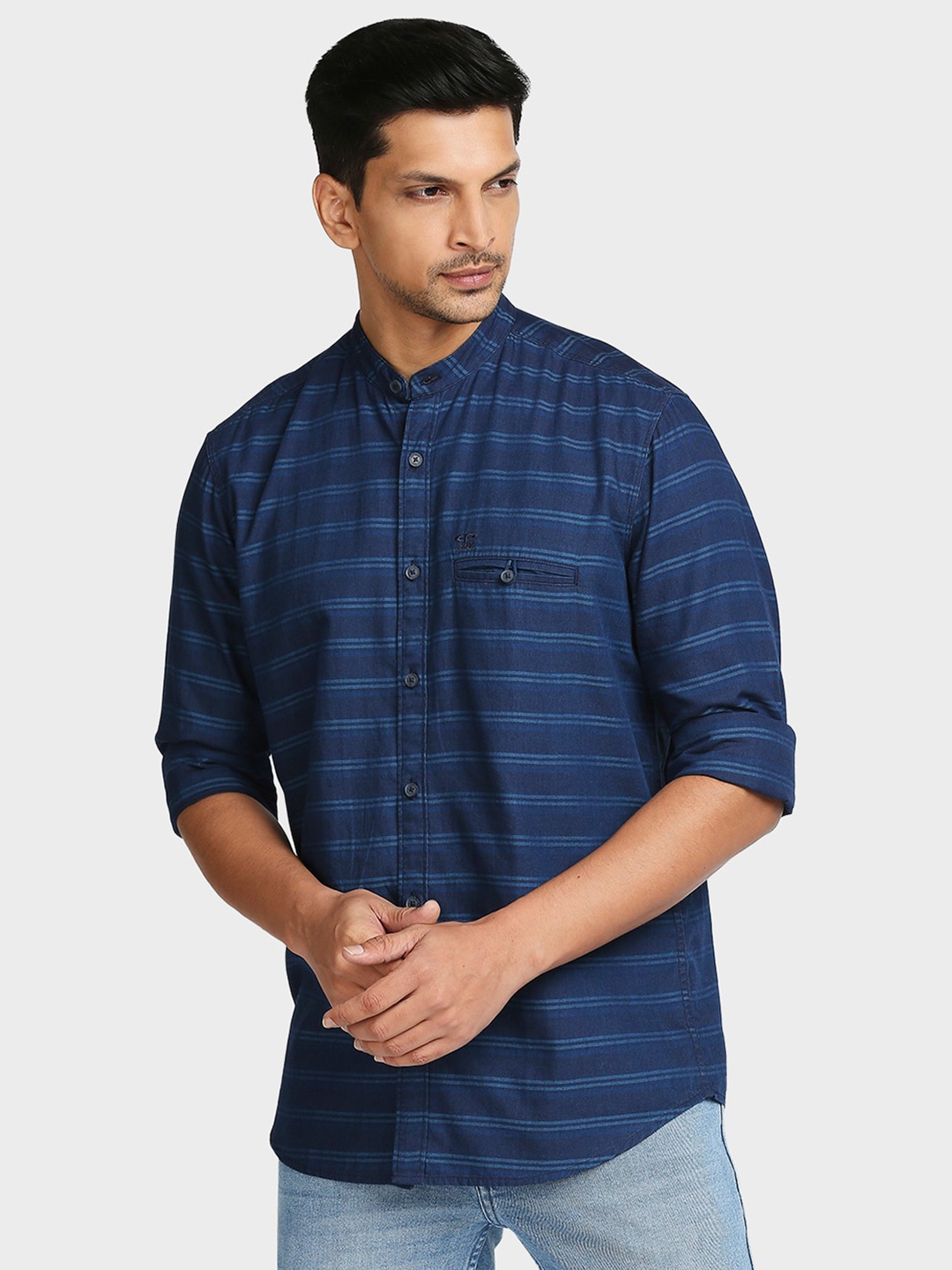 

ColorPlus Men Blue Tailored Fit Horizontal Striped Casual Cotton Shirt