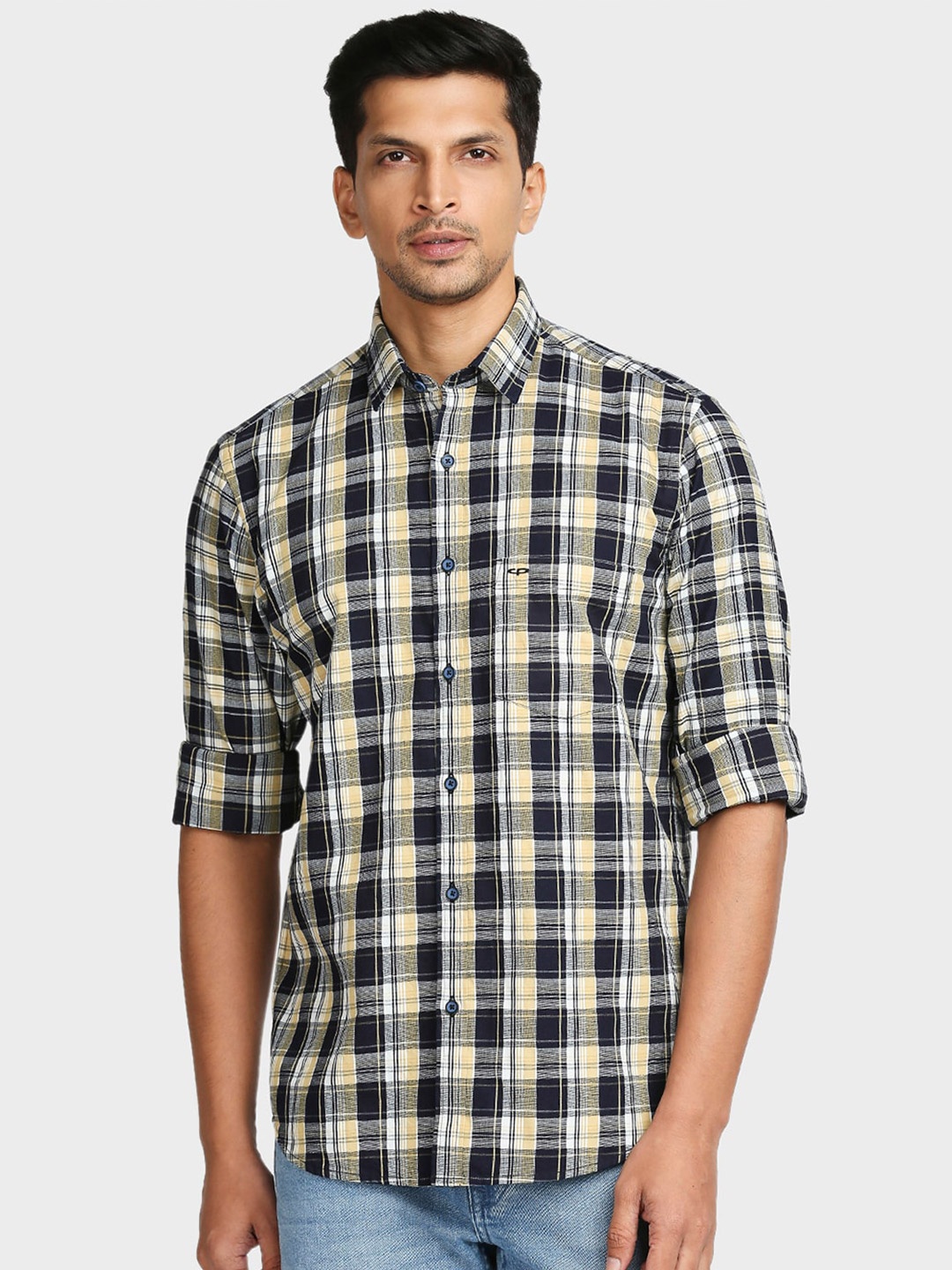 

ColorPlus Men Black & Yellow Tailored Fit Checked Casual Cotton Shirt