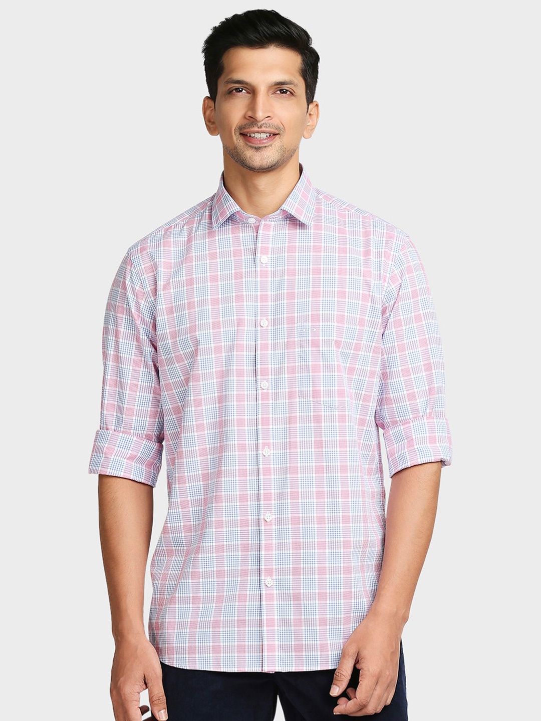 

ColorPlus Men Pink & Blue Tailored Fit Checked Casual Cotton Shirt