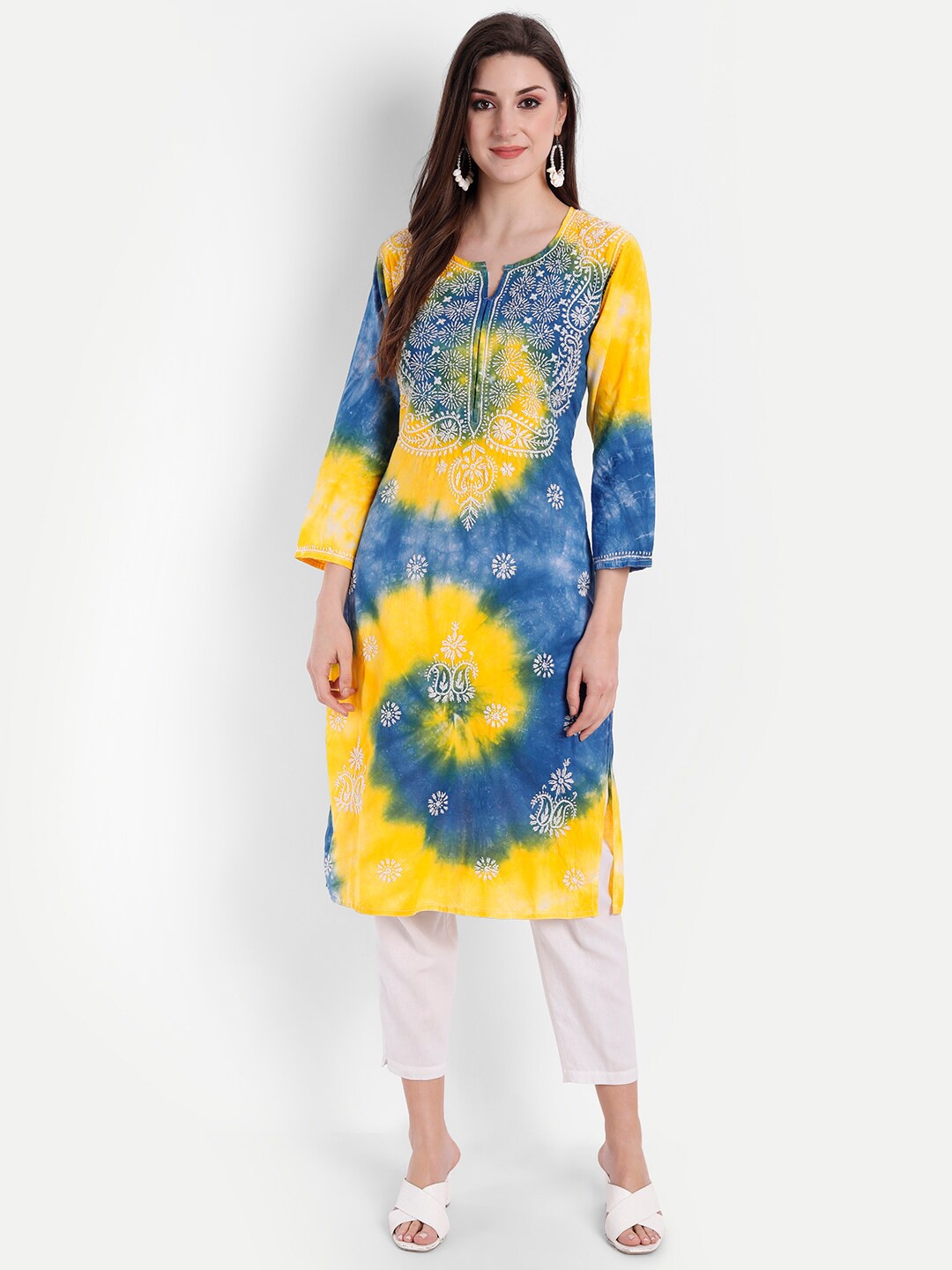 

Indiankala4u Women Blue & Yellow Ethnic Motifs Embroidered Chikankari Kurta