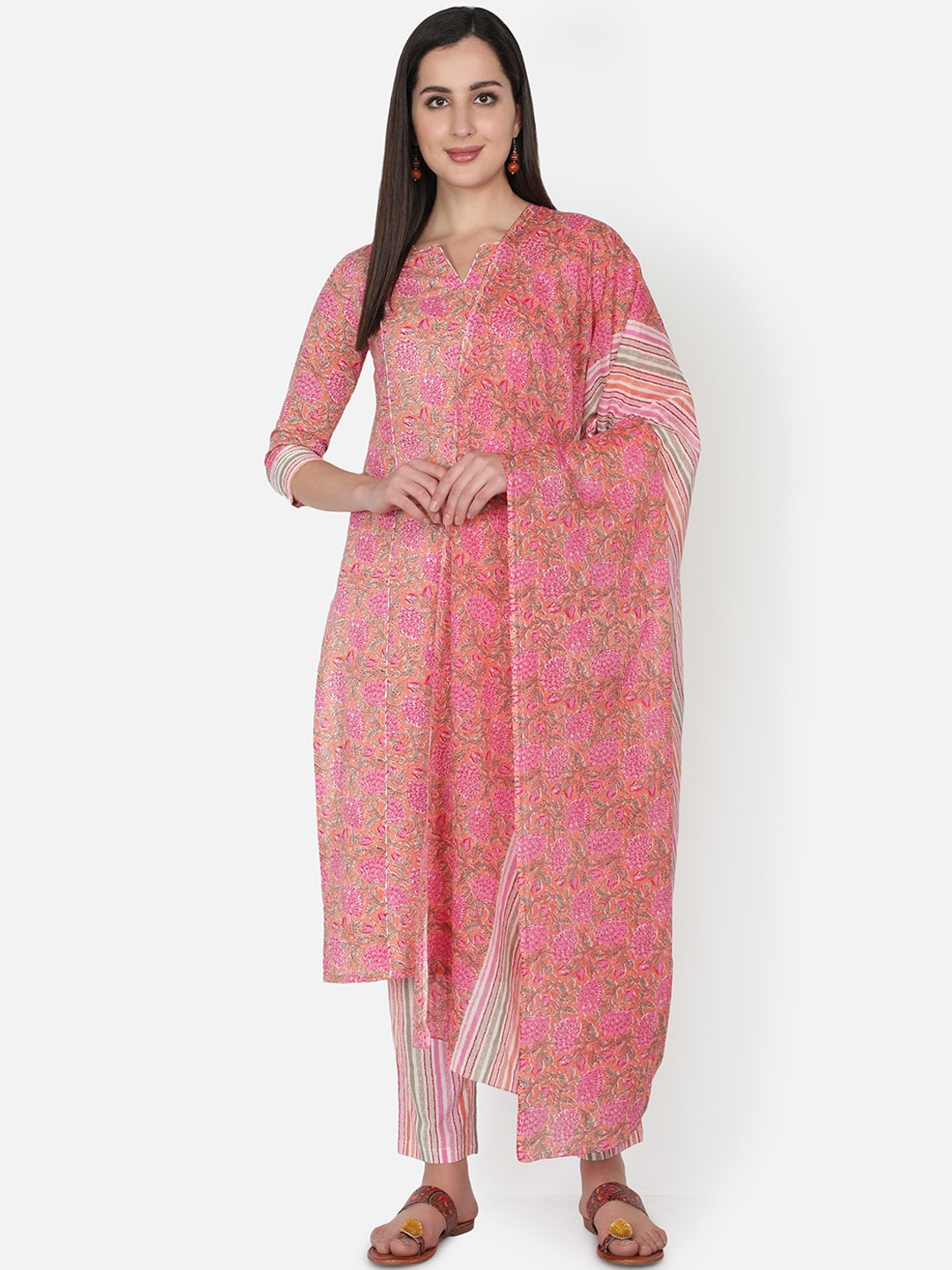 

TRISHLA INDIA Women Pink Floral Printed Panelled Pure Cotton Kurta Set With Dupatta