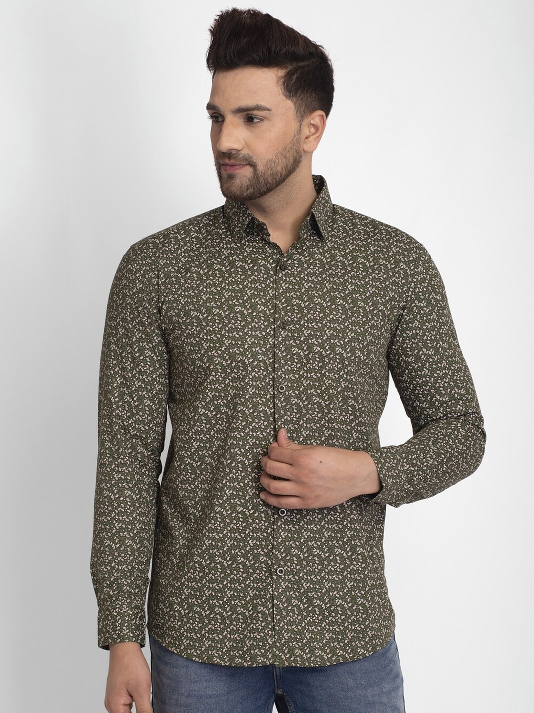 

JAINISH Men Olive Green & White Classic Printed Pure Cotton Casual Shirt