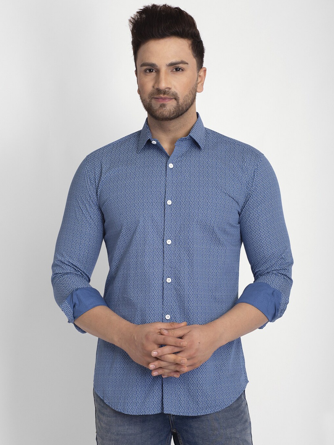 

JAINISH Men Blue & White Classic Printed Pure Cotton Casual Shirt