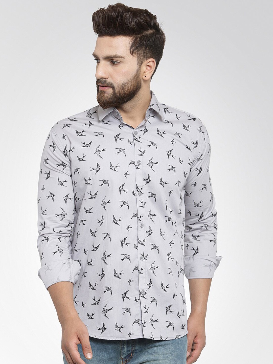 

JAINISH Men Grey & Black Classic Printed Pure Cotton Casual Shirt